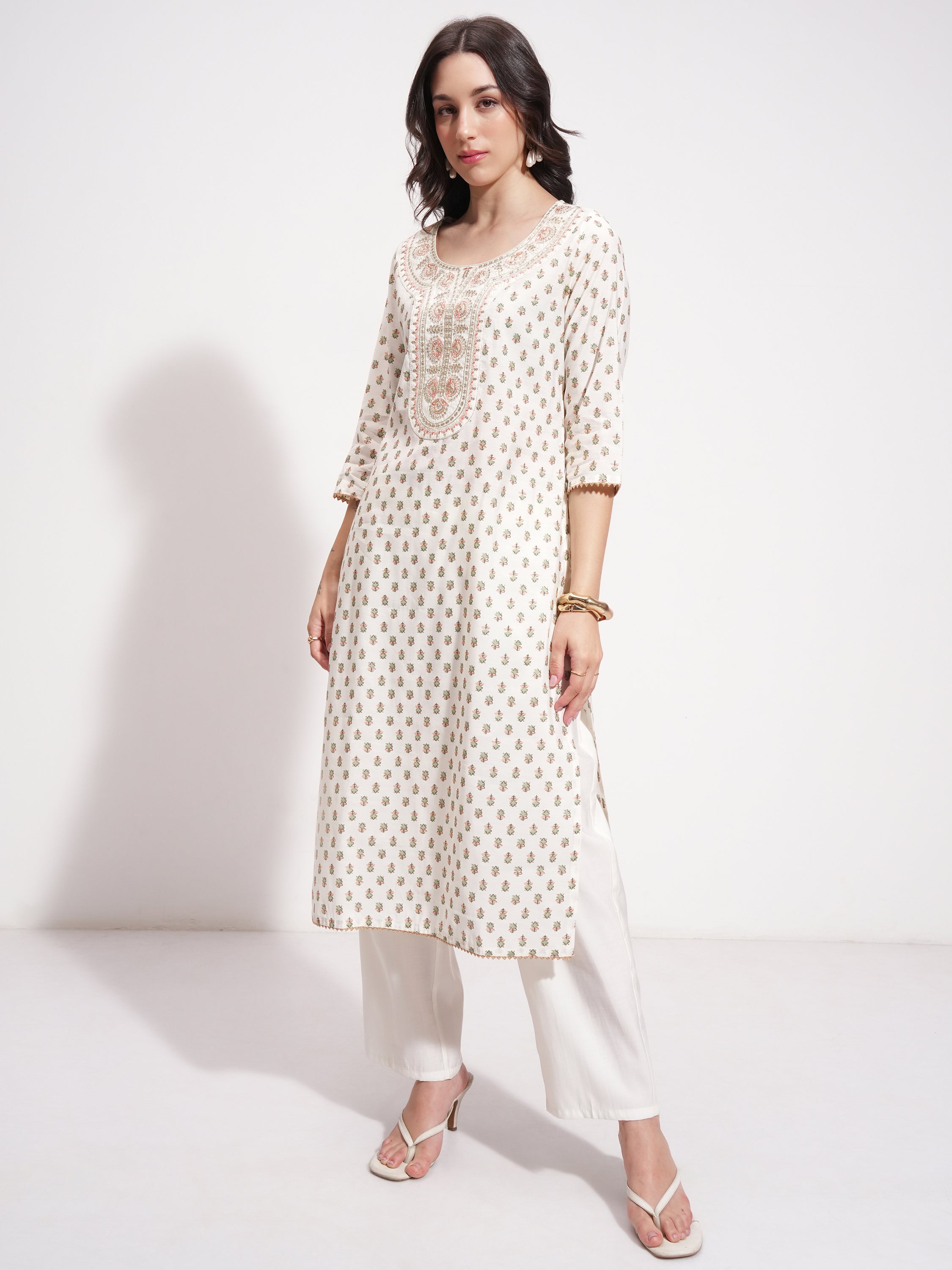 Vishudh Women Off White Printed Kurta With Trouser And Dupatta - Off White - Image 4