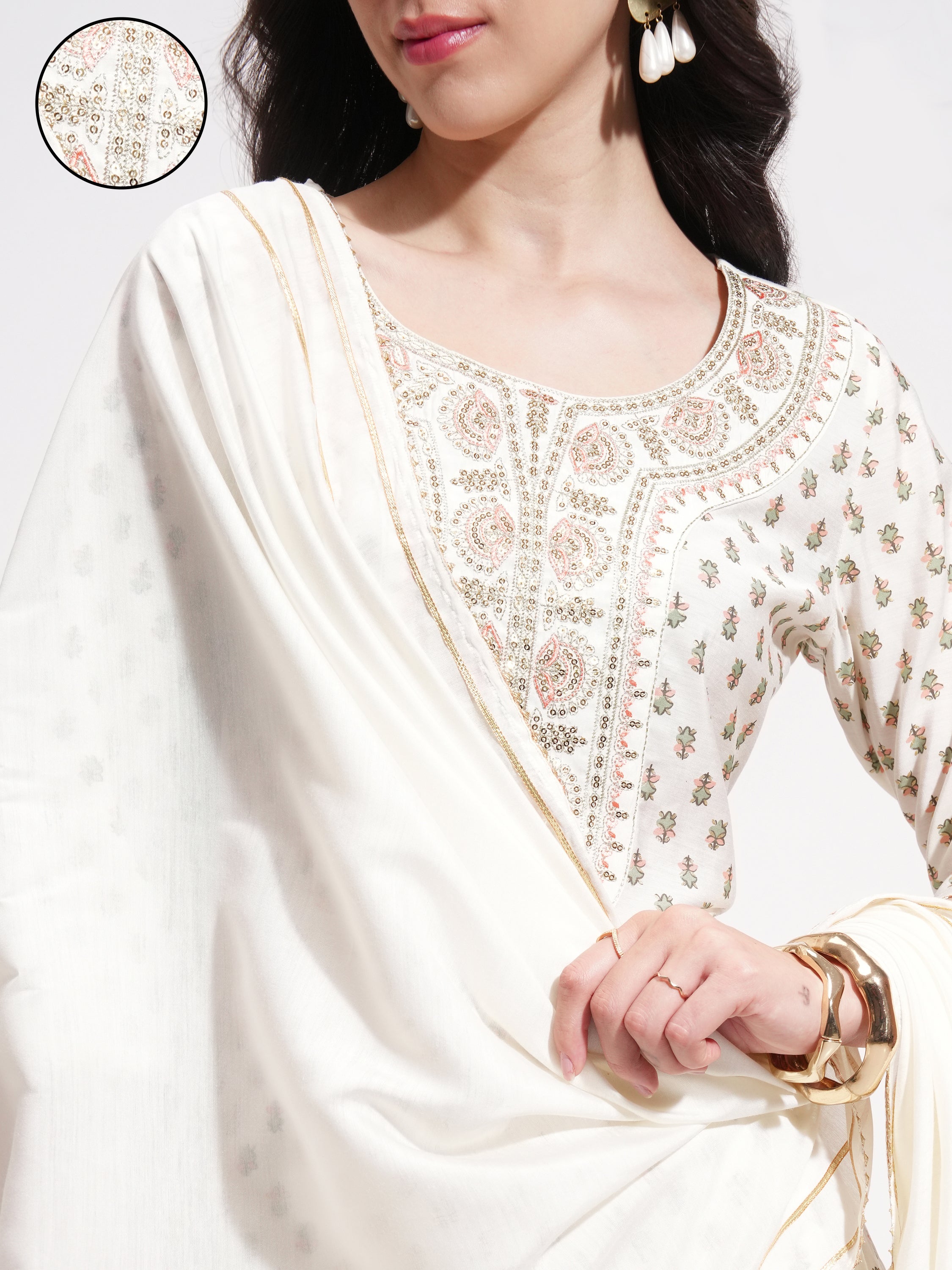 Vishudh Women Off White Printed Kurta With Trouser And Dupatta - Off White - Image 5
