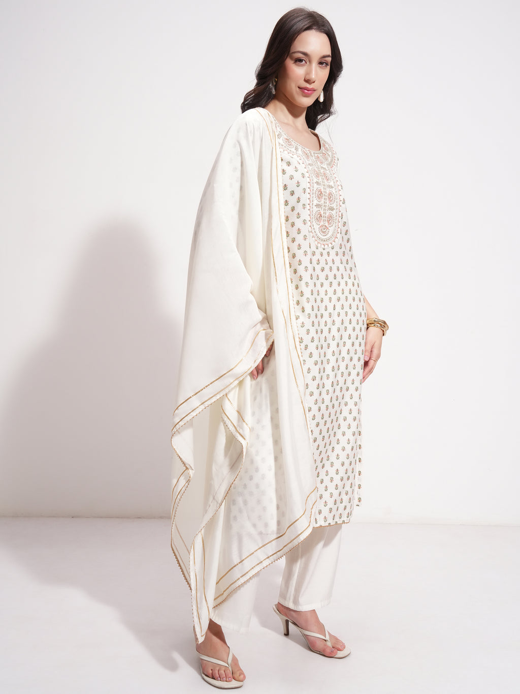 Vishudh Women Off White Printed Kurta With Trouser And Dupatta - Off White - Image 6