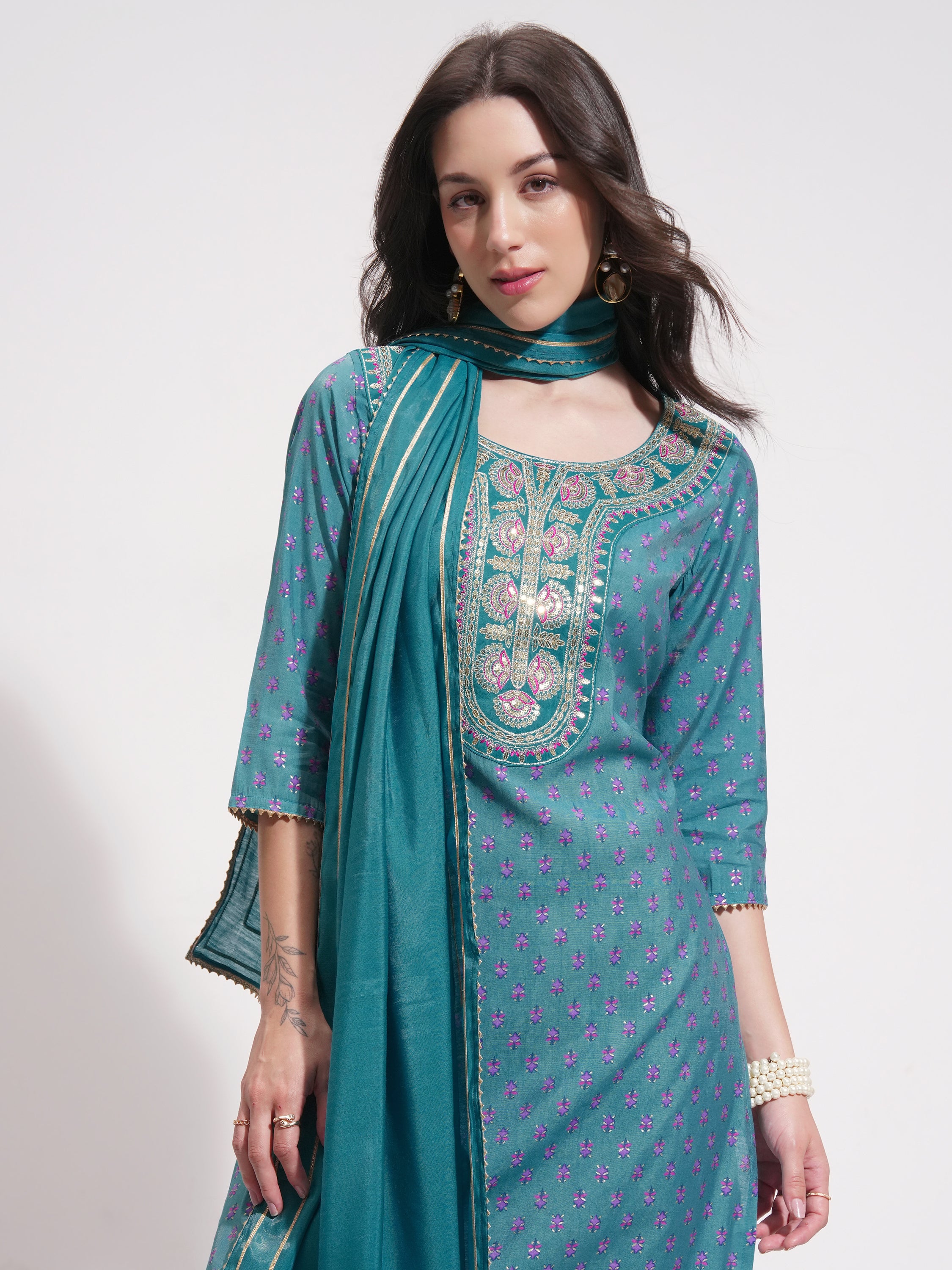 Vishudh Women Blue Embroidered Kurta With Trouser And Dupatta - Blue - Image 1