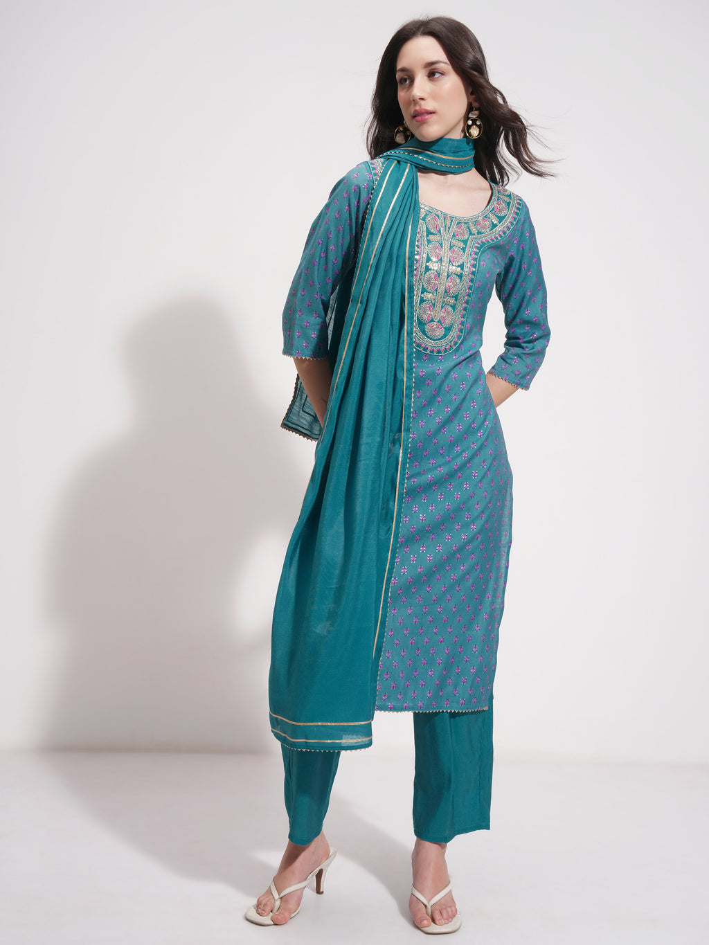 Vishudh Women Blue Embroidered Kurta With Trouser And Dupatta - Blue - Image 2