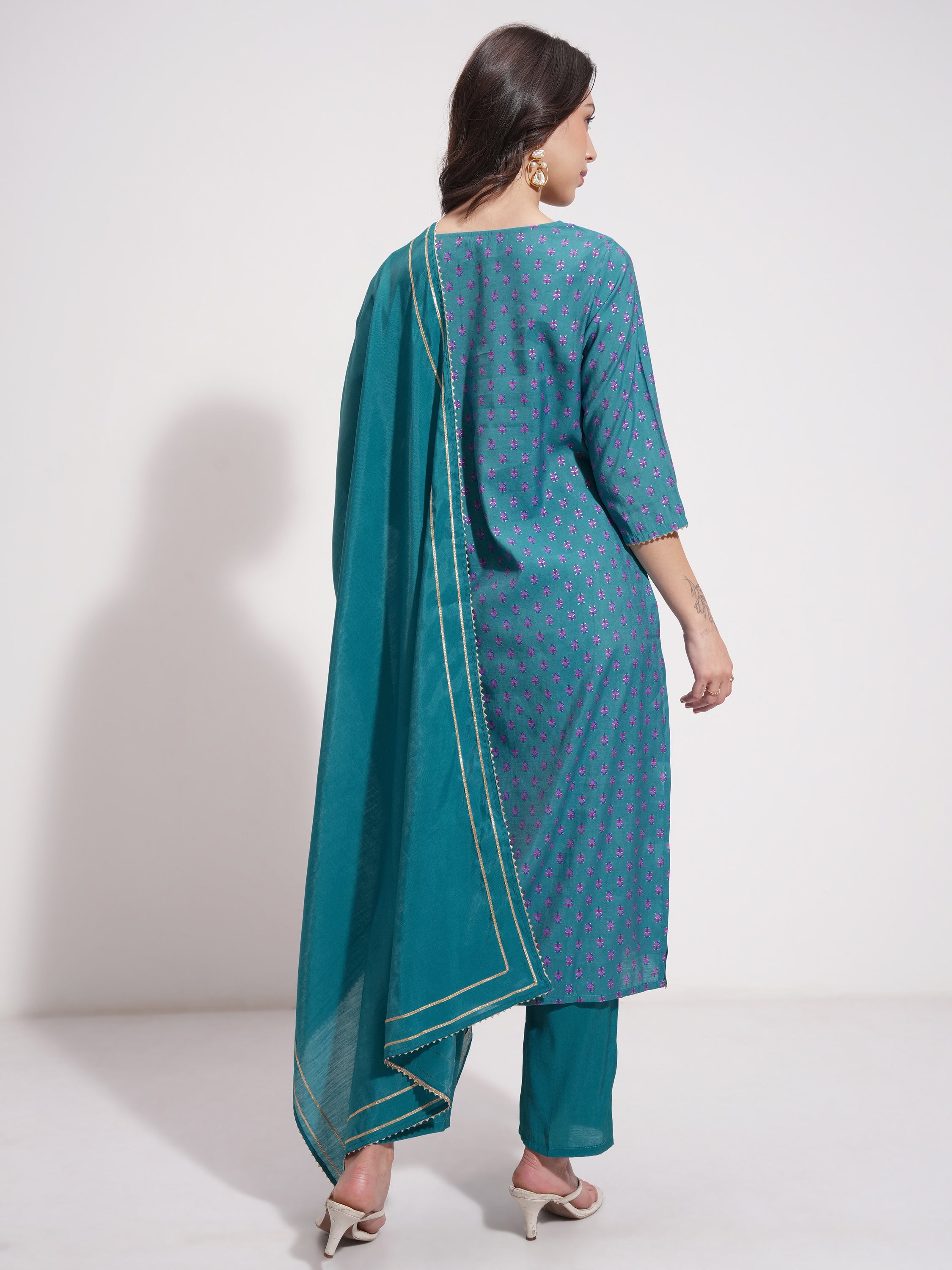 Vishudh Women Blue Embroidered Kurta With Trouser And Dupatta - Blue - Image 3