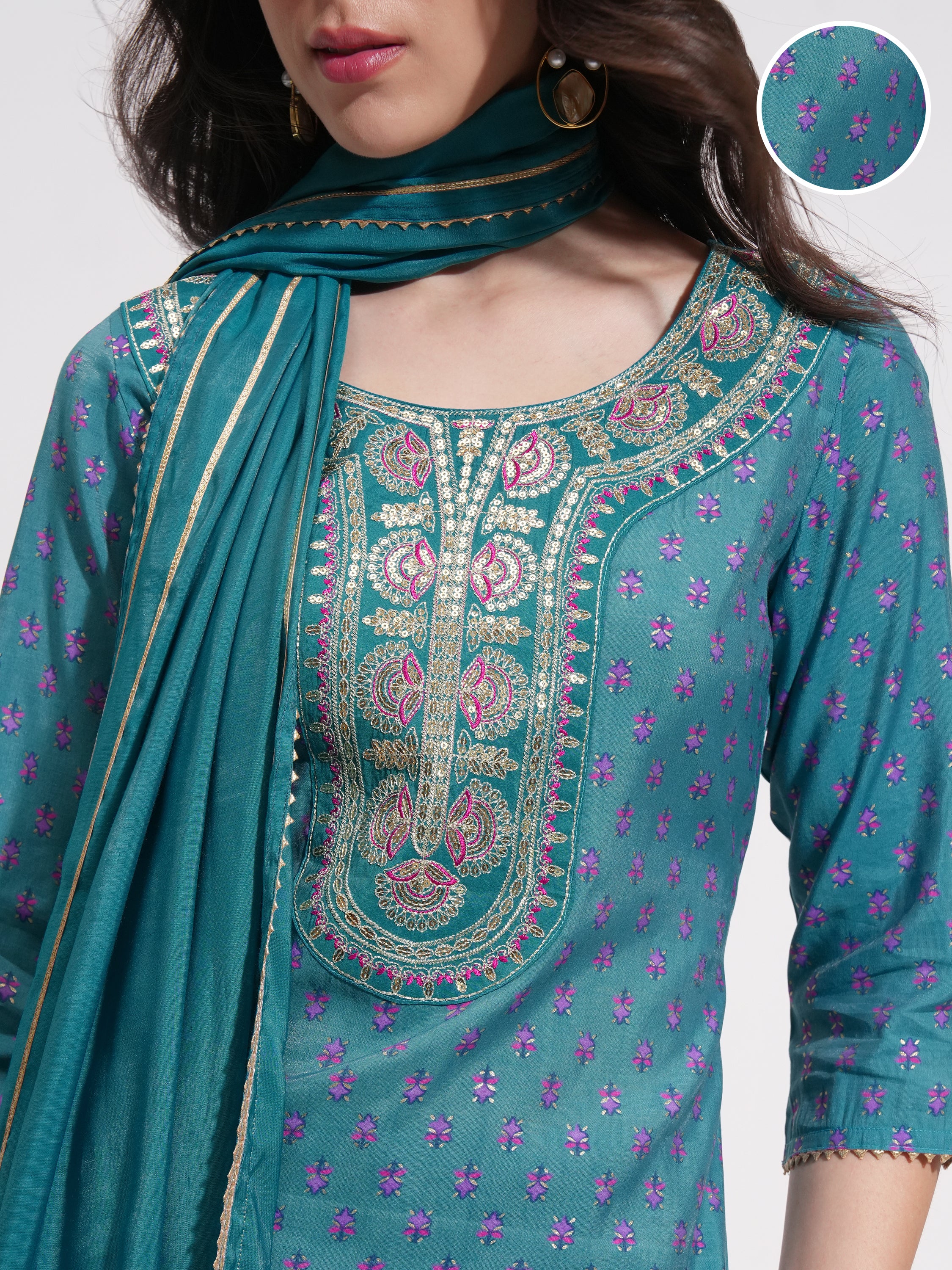 Vishudh Women Blue Embroidered Kurta With Trouser And Dupatta - Blue - Image 5