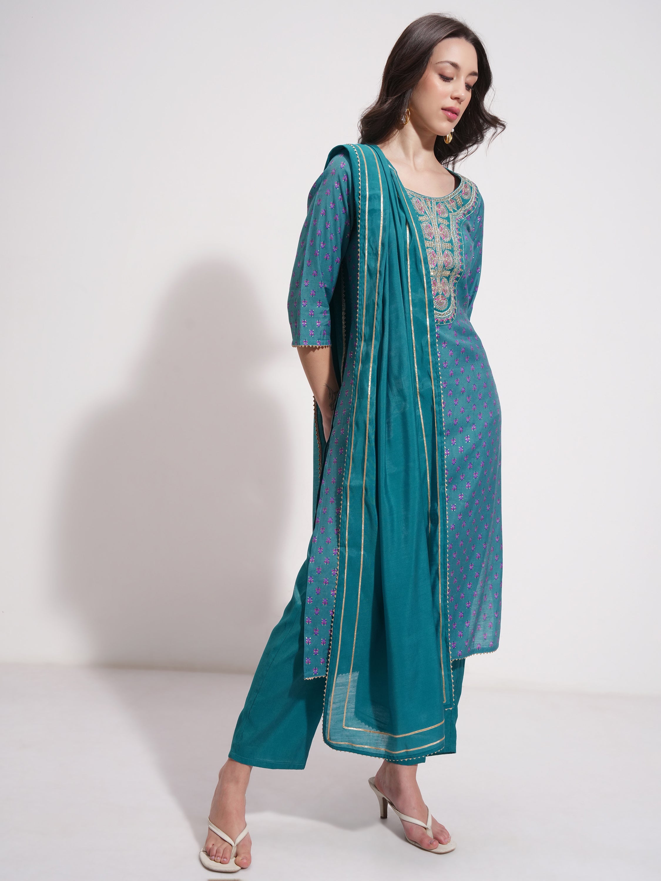 Vishudh Women Blue Embroidered Kurta With Trouser And Dupatta - Blue - Image 6