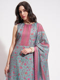 Vishudh Women Teal Printed Kurta With Trouser And Dupatta - Teal - Image 1