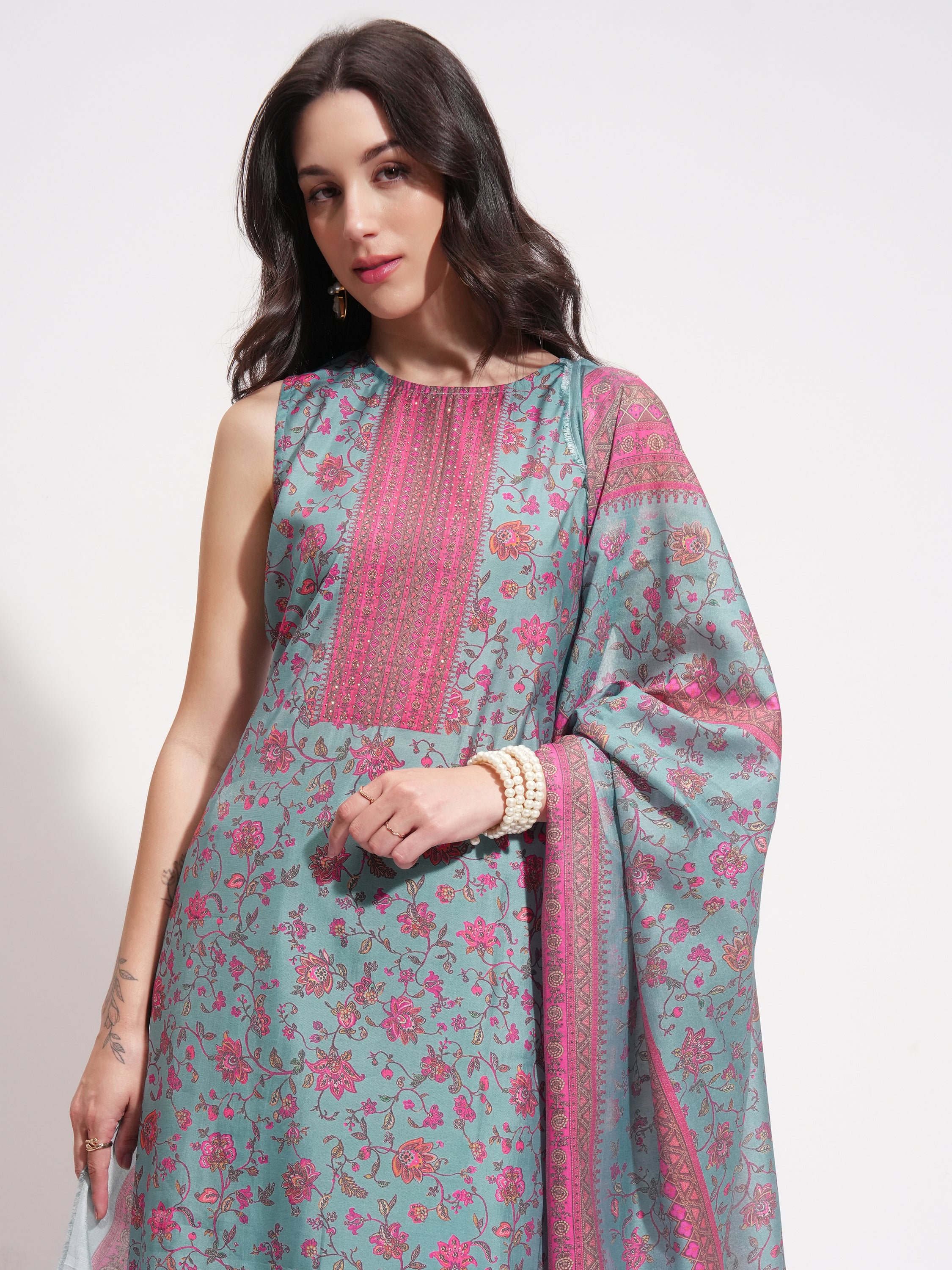 Vishudh Women Teal Printed Kurta With Trouser And Dupatta - Teal - Image 1