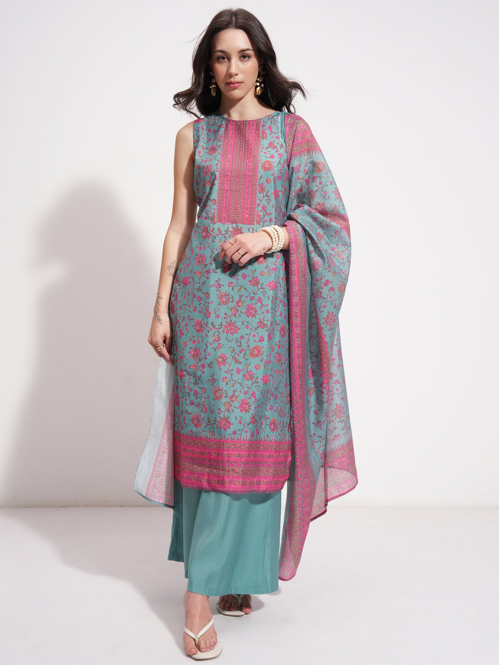 Vishudh Women Teal Printed Kurta With Trouser And Dupatta - Teal - Image 2
