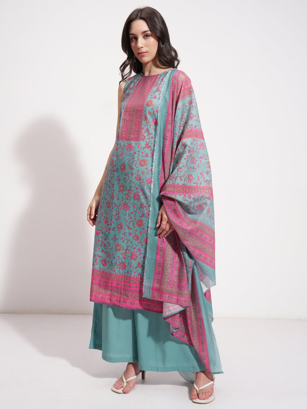 Vishudh Women Teal Printed Kurta With Trouser And Dupatta - Teal - Image 4