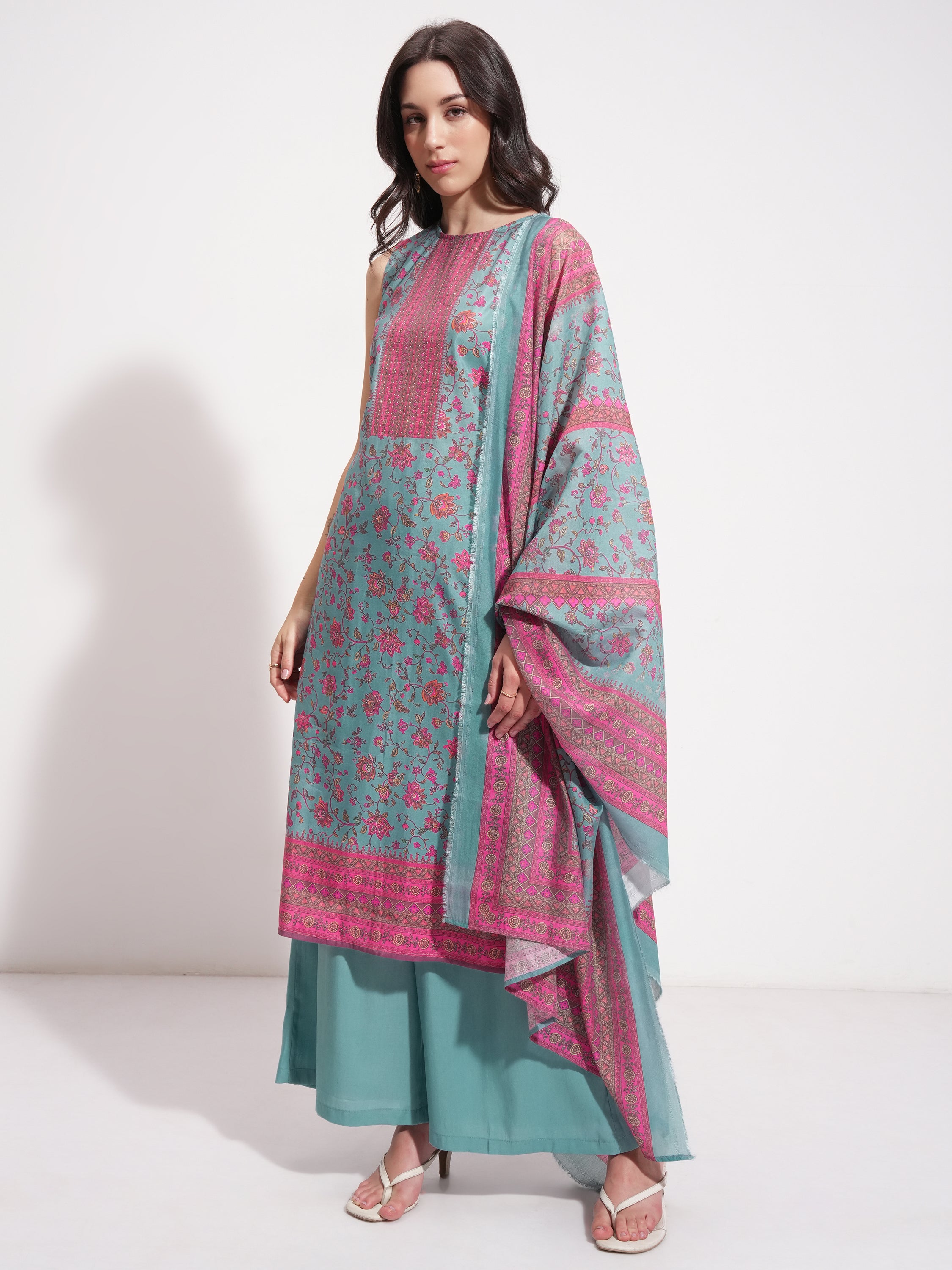 Vishudh Women Teal Printed Kurta With Trouser And Dupatta - Teal - Image 4