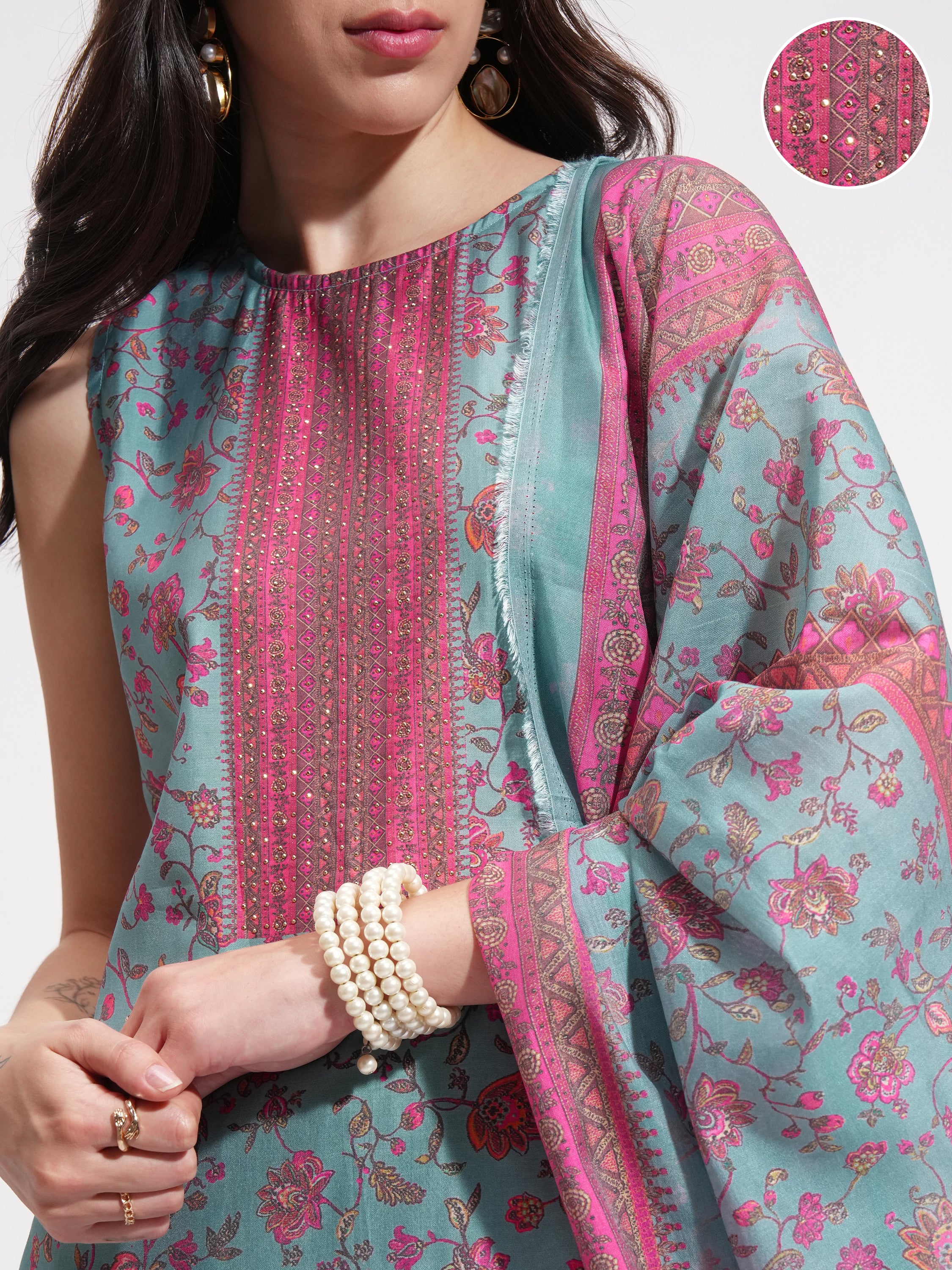 Vishudh Women Teal Printed Kurta With Trouser And Dupatta - Teal - Image 5