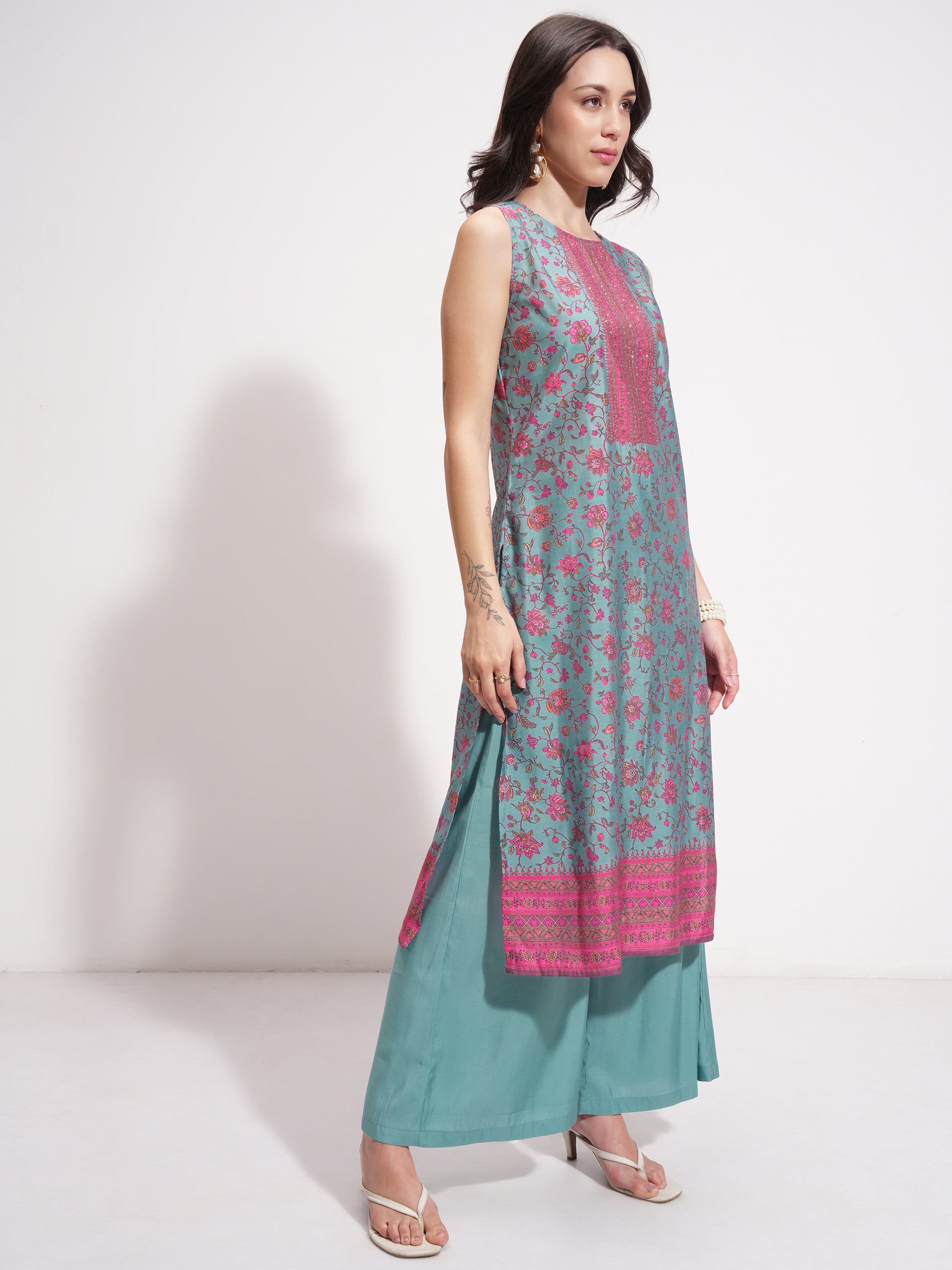 Vishudh Women Teal Printed Kurta With Trouser And Dupatta - Teal - Image 6