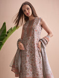 Vishudh Women Beige Printed Kurta With Trouser And Dupatta - Beige - Image 1