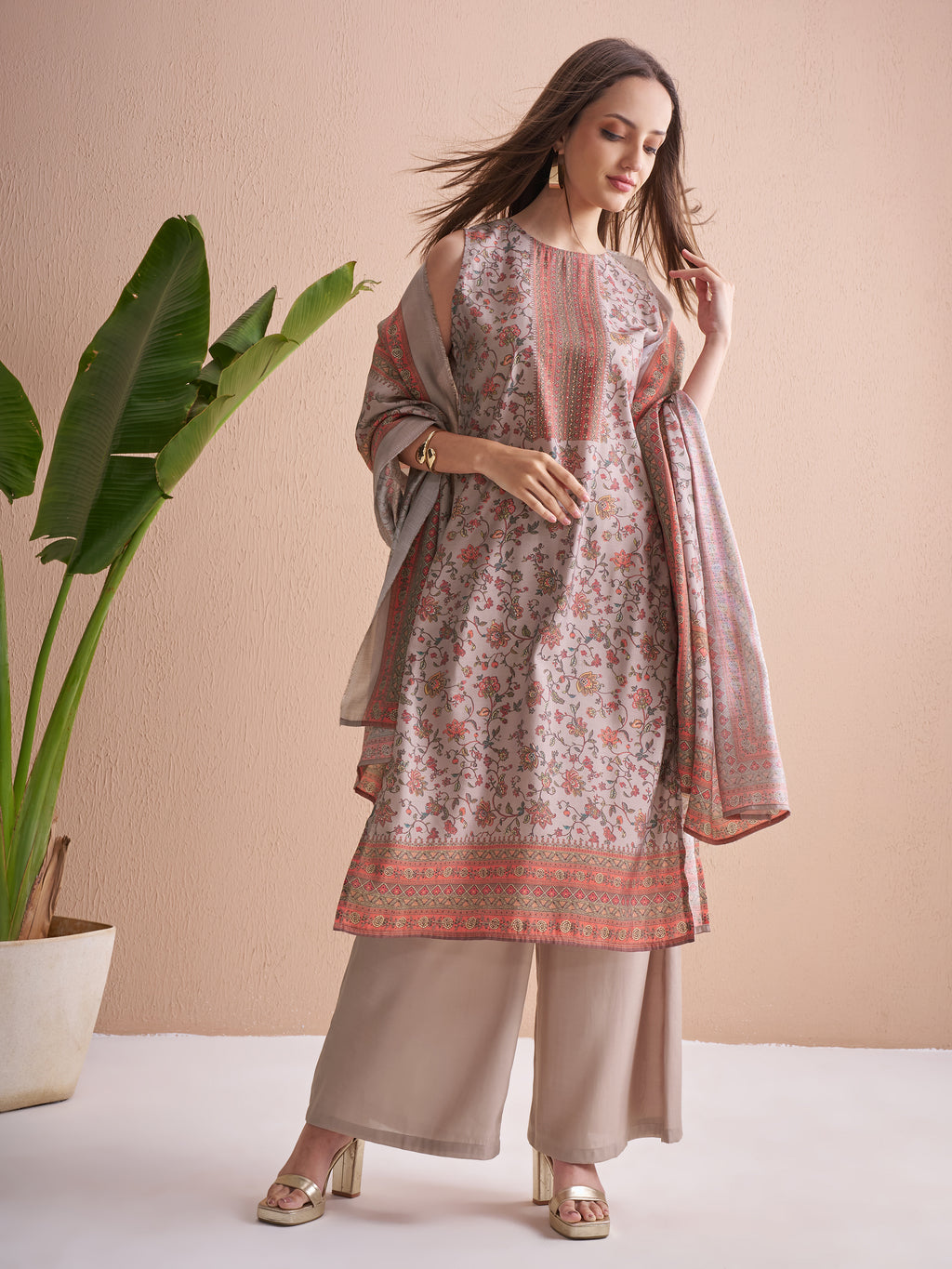 Vishudh Women Beige Printed Kurta With Trouser And Dupatta - Beige - Image 2