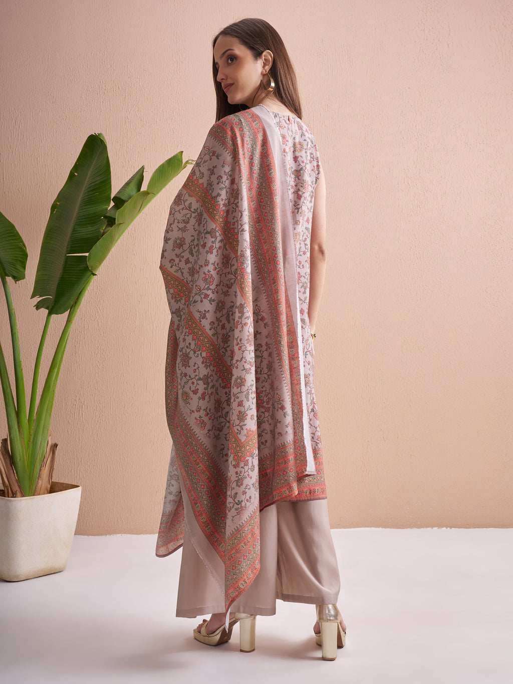 Vishudh Women Beige Printed Kurta With Trouser And Dupatta - Beige - Image 3