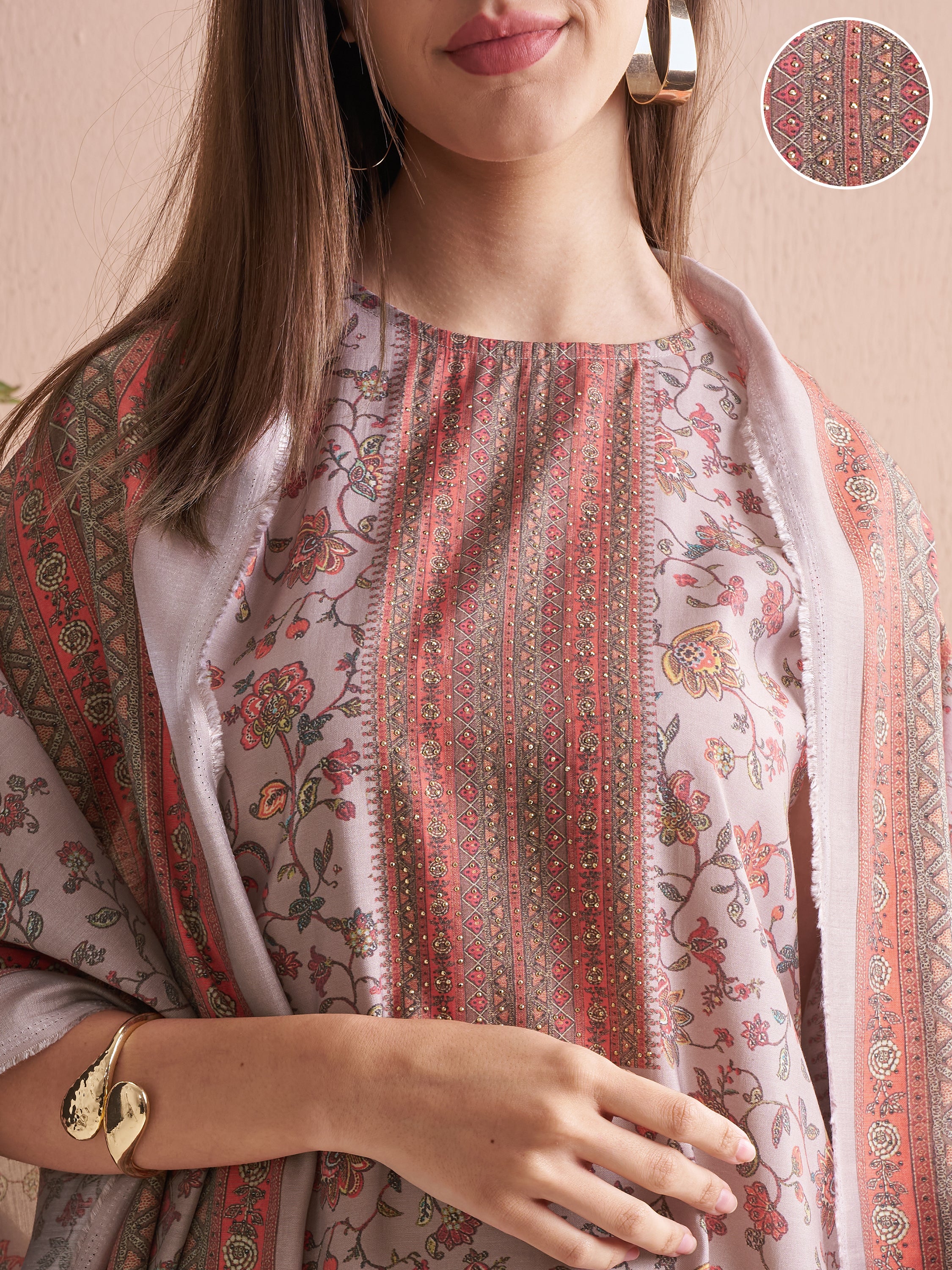 Vishudh Women Beige Printed Kurta With Trouser And Dupatta - Beige - Image 5