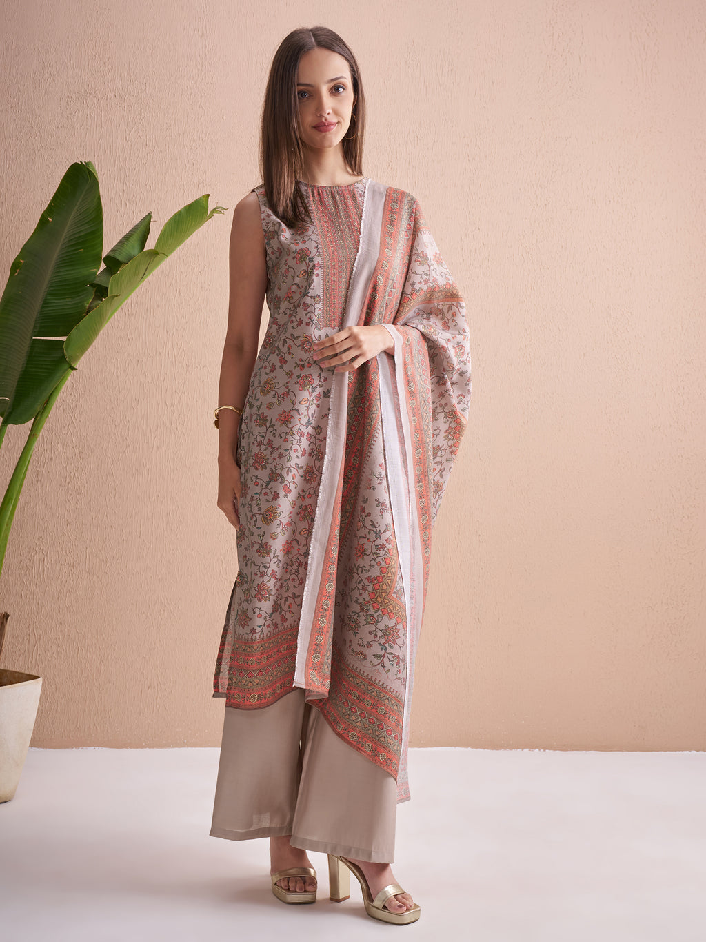 Vishudh Women Beige Printed Kurta With Trouser And Dupatta - Beige - Image 6
