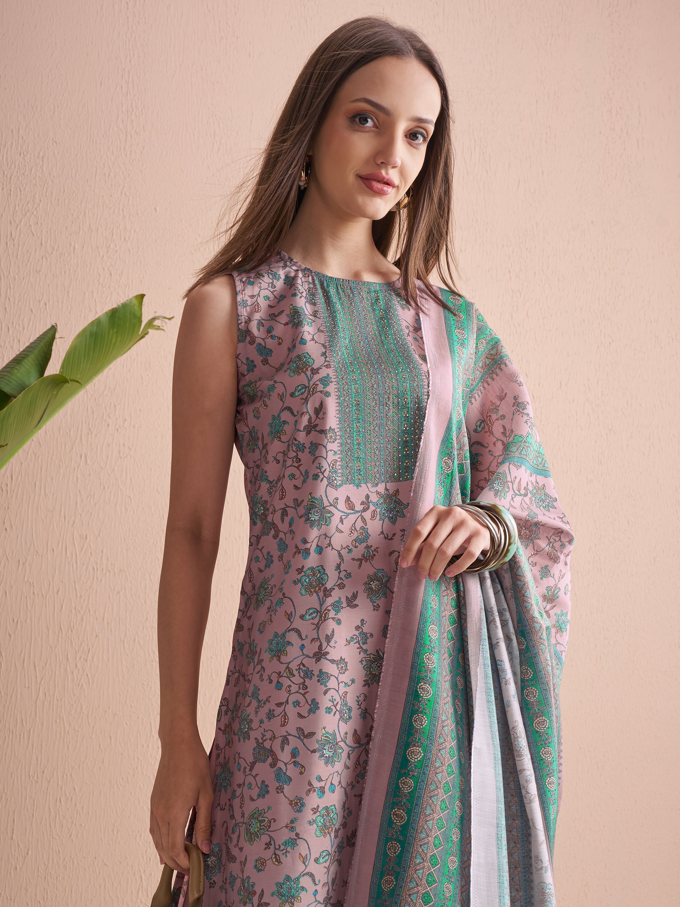 Vishudh Women Lavender Printed Kurta With Trouser And Dupatta - Lavender - Image 1