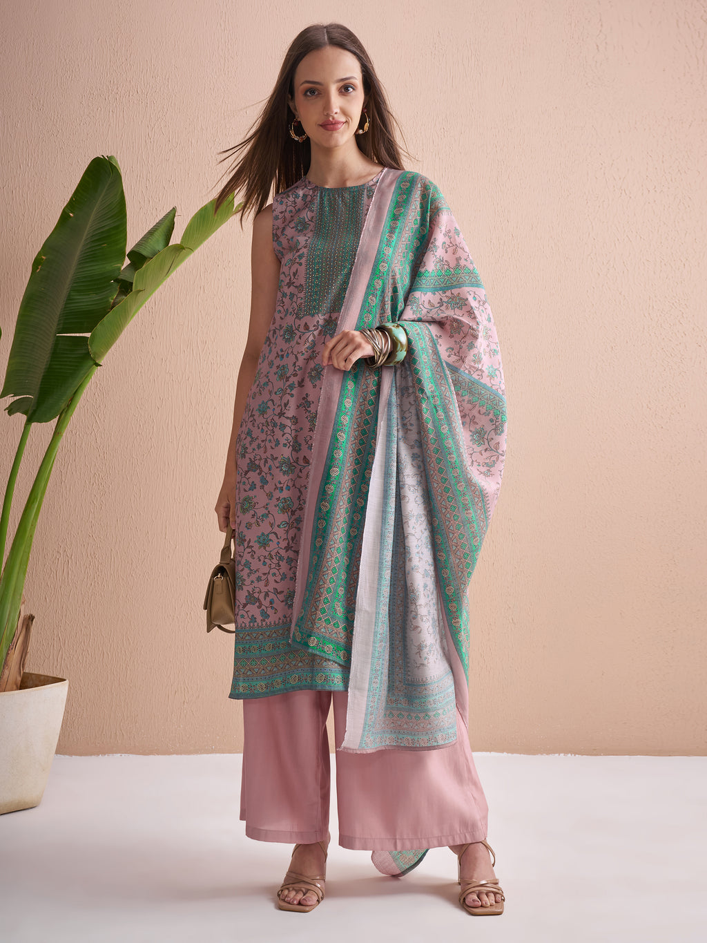 Vishudh Women Lavender Printed Kurta With Trouser And Dupatta - Lavender - Image 2