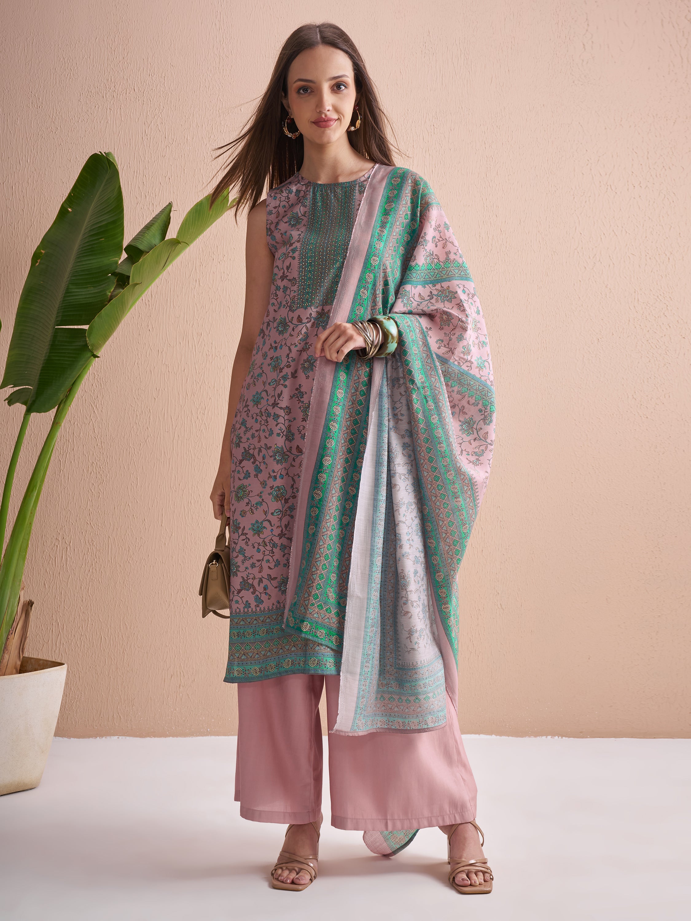 Vishudh Women Lavender Printed Kurta With Trouser And Dupatta - Lavender - Image 2