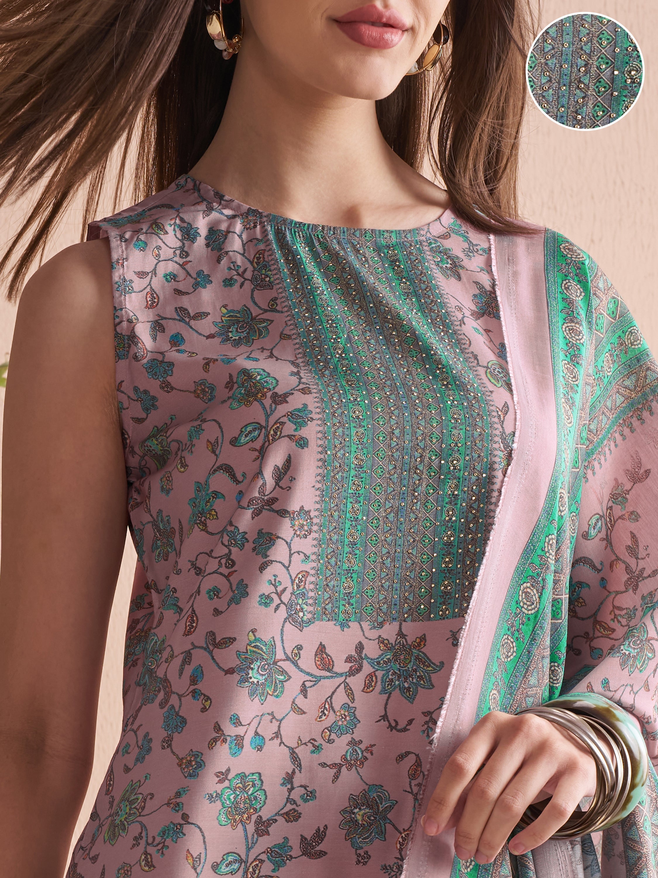 Vishudh Women Lavender Printed Kurta With Trouser And Dupatta - Lavender - Image 5