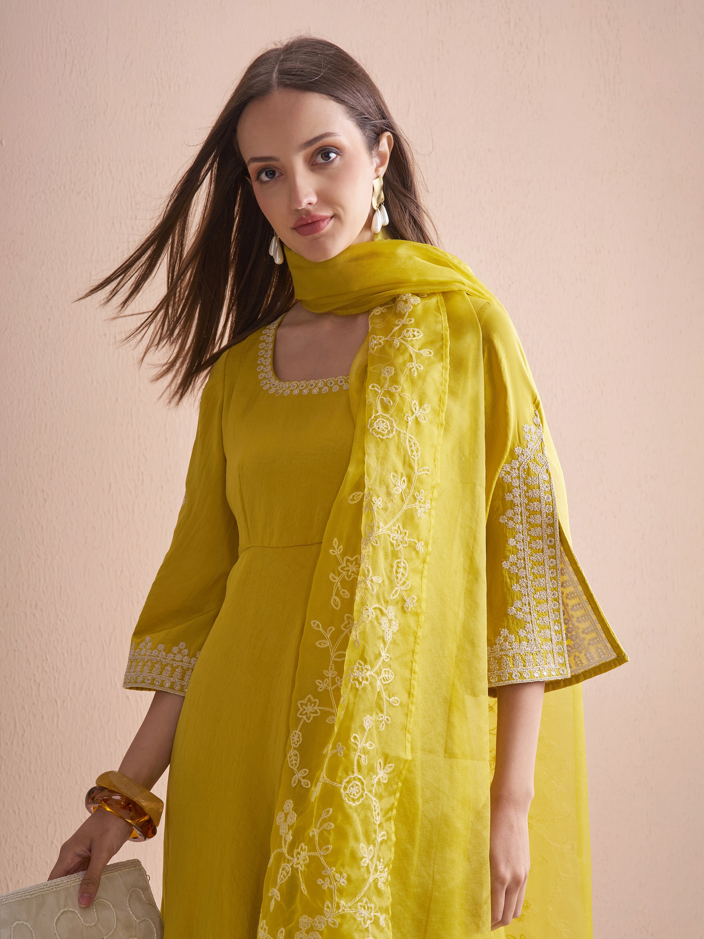 Vishudh Women Yellow Embroidered Kurta With Trouser And Dupatta - Yellow - Image 1