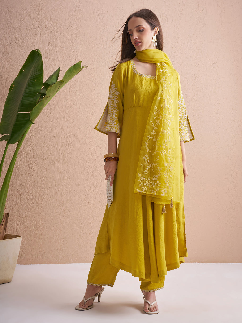 Vishudh Women Yellow Embroidered Kurta With Trouser And Dupatta - Yellow - Image 2