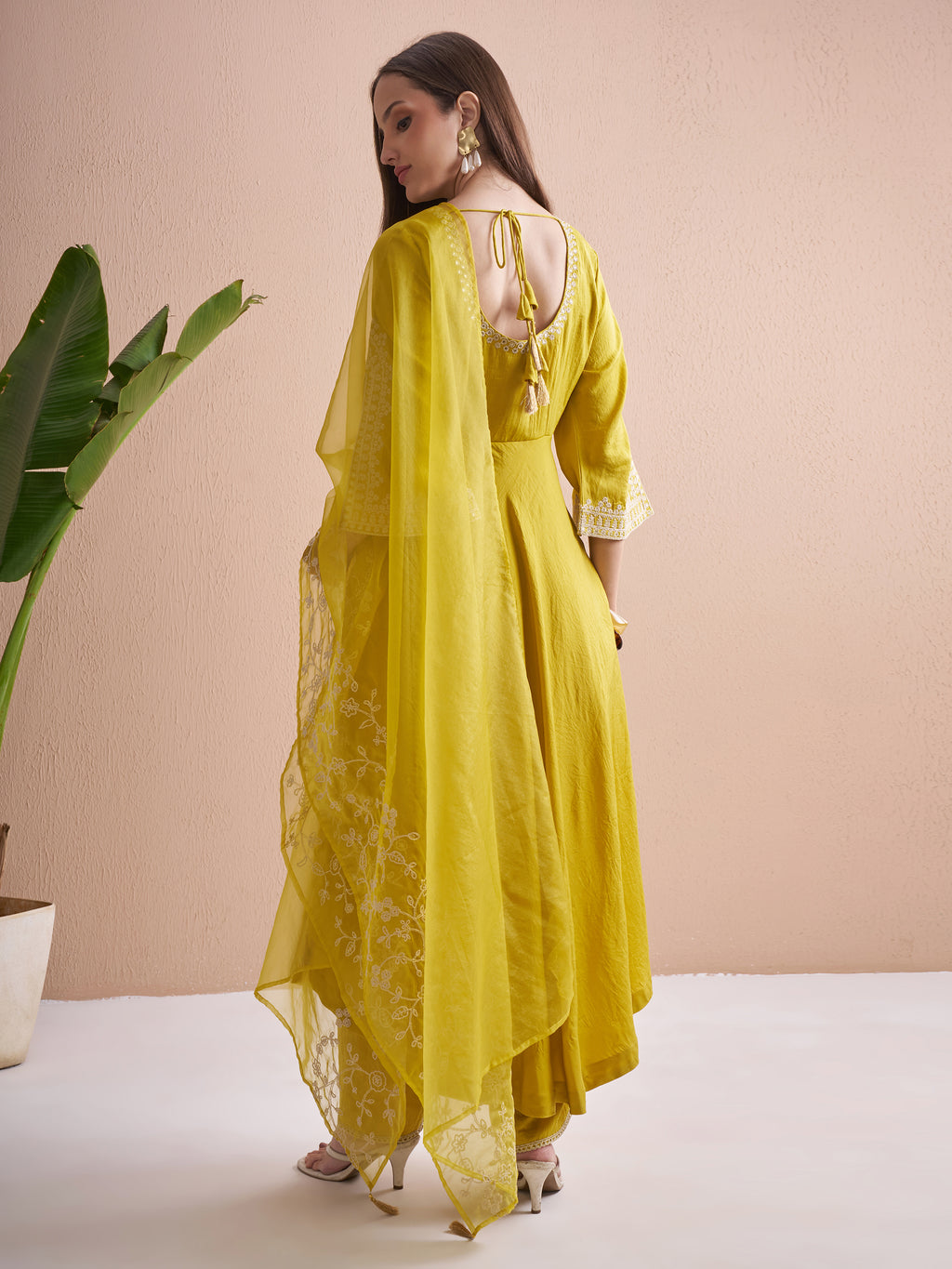 Vishudh Women Yellow Embroidered Kurta With Trouser And Dupatta - Yellow - Image 3