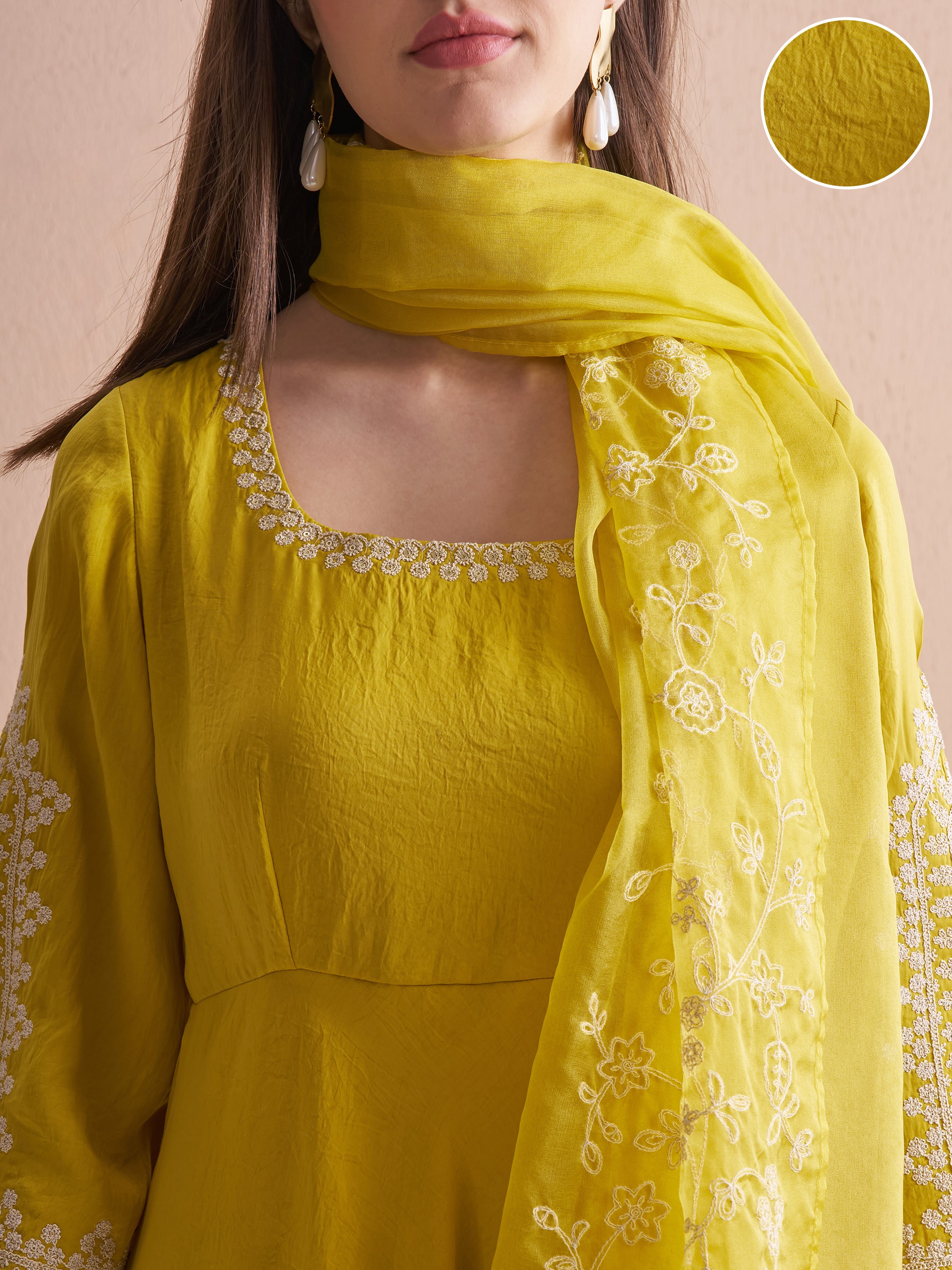 Vishudh Women Yellow Embroidered Kurta With Trouser And Dupatta - Yellow - Image 5