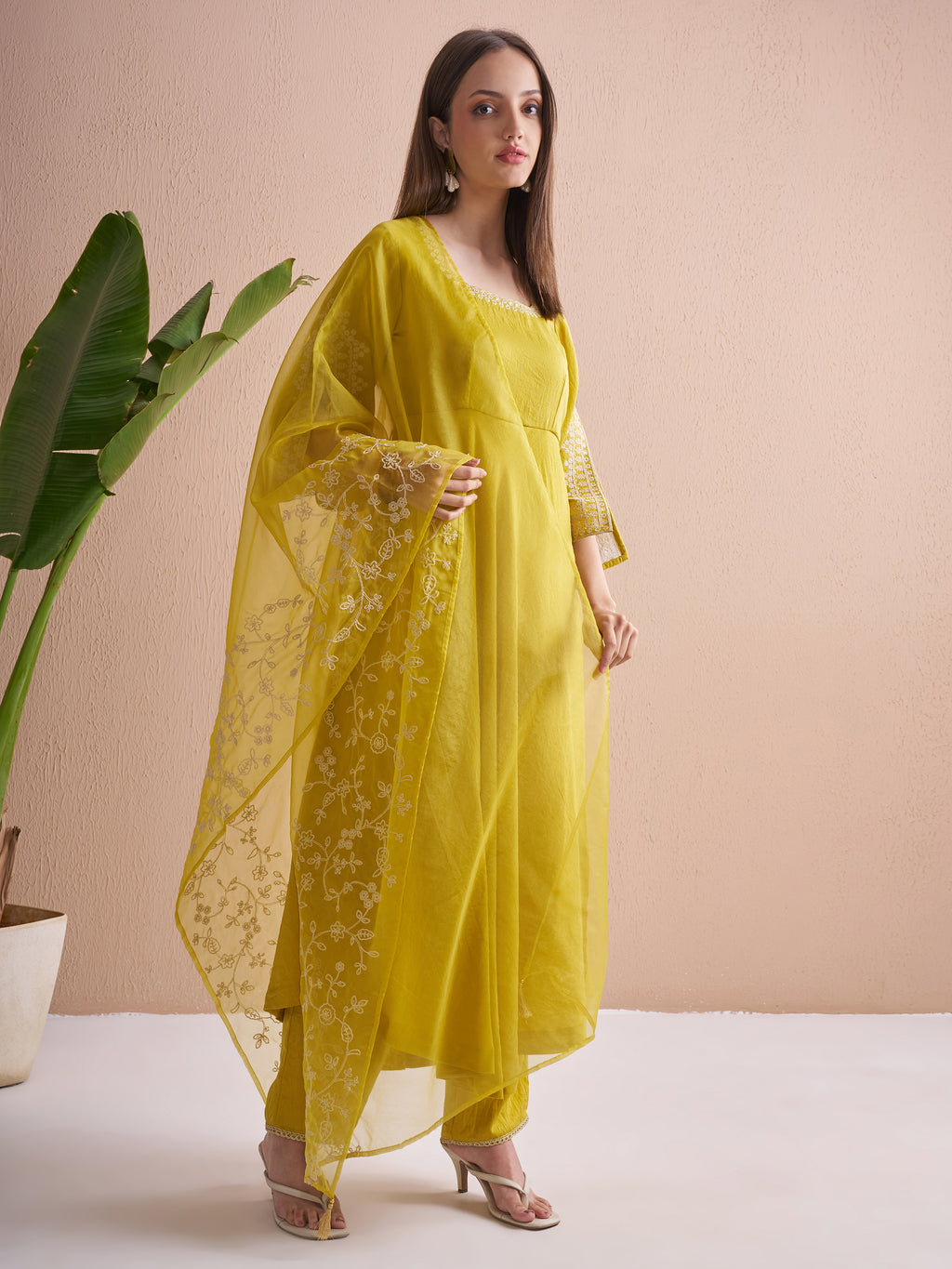 Vishudh Women Yellow Embroidered Kurta With Trouser And Dupatta - Yellow - Image 6