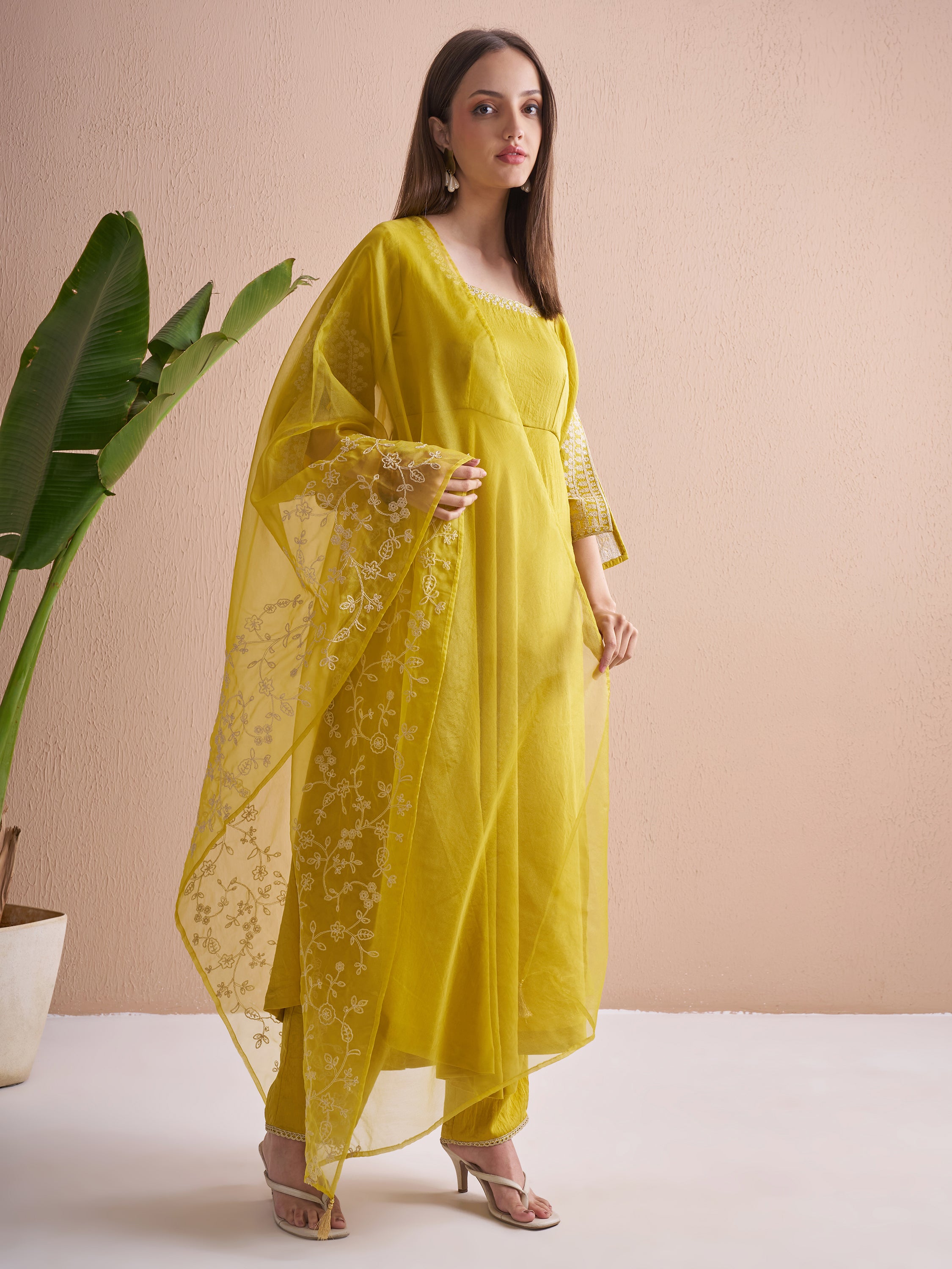Vishudh Women Yellow Embroidered Kurta With Trouser And Dupatta - Yellow - Image 6