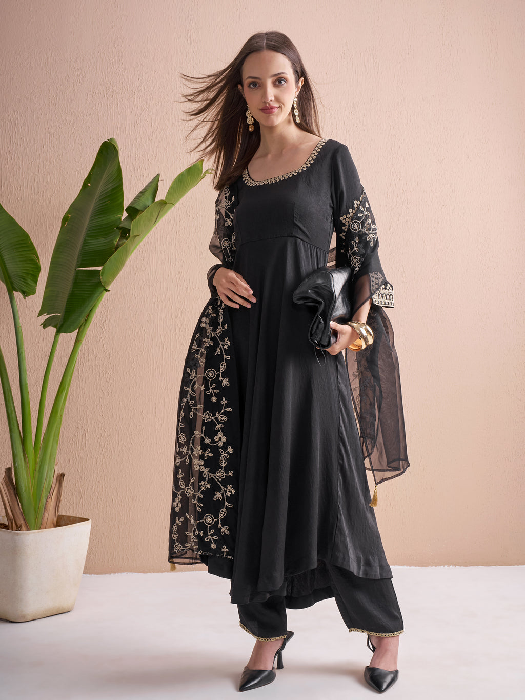 Vishudh Women Black Embroidered Kurta With Trouser And Dupatta - Black - Image 2