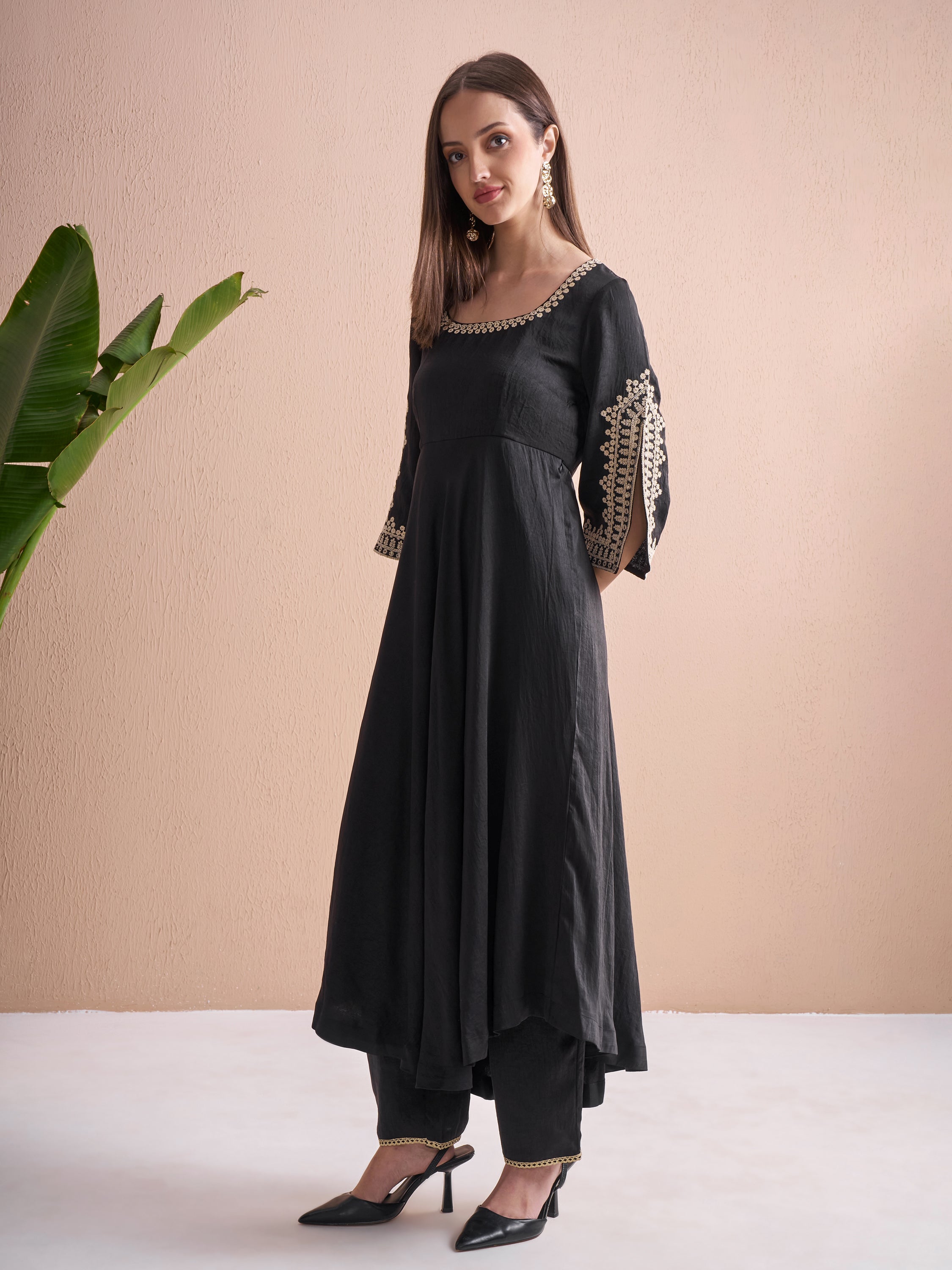 Vishudh Women Black Embroidered Kurta With Trouser And Dupatta - Black - Image 4