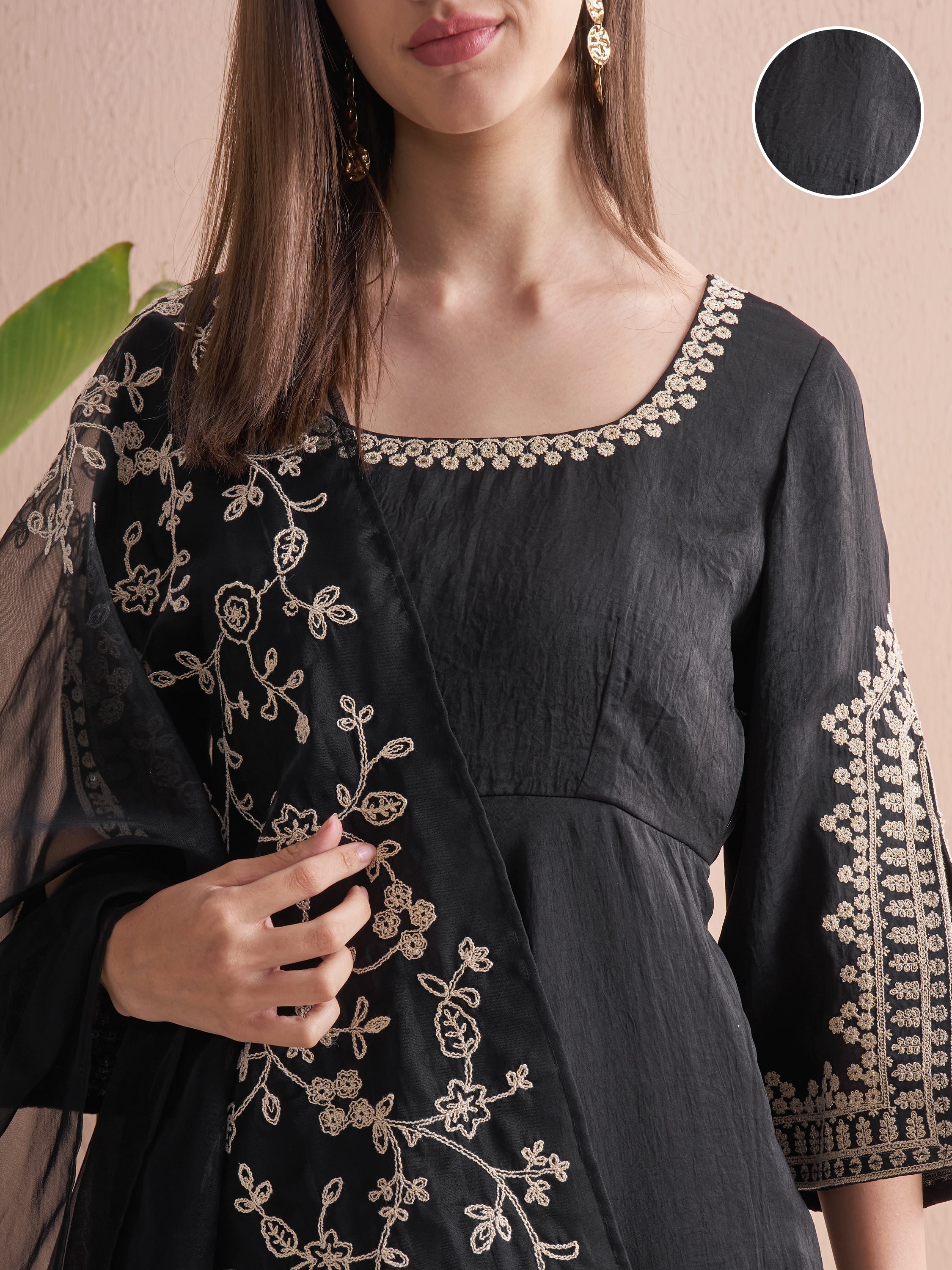 Vishudh Women Black Embroidered Kurta With Trouser And Dupatta - Black - Image 5