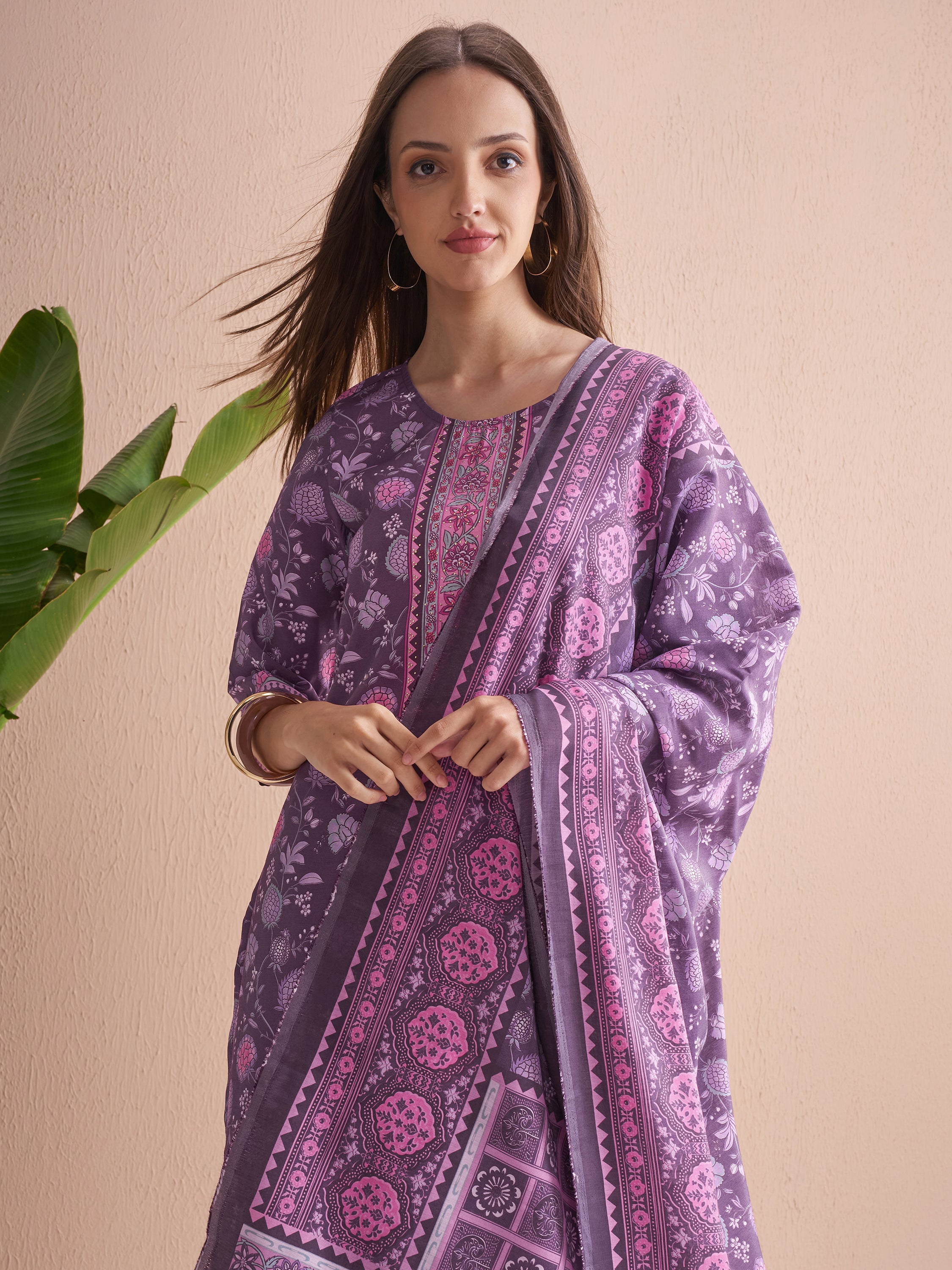 Vishudh Women Purple Printed Kurta With Trouser And Dupatta - Purple - Image 1