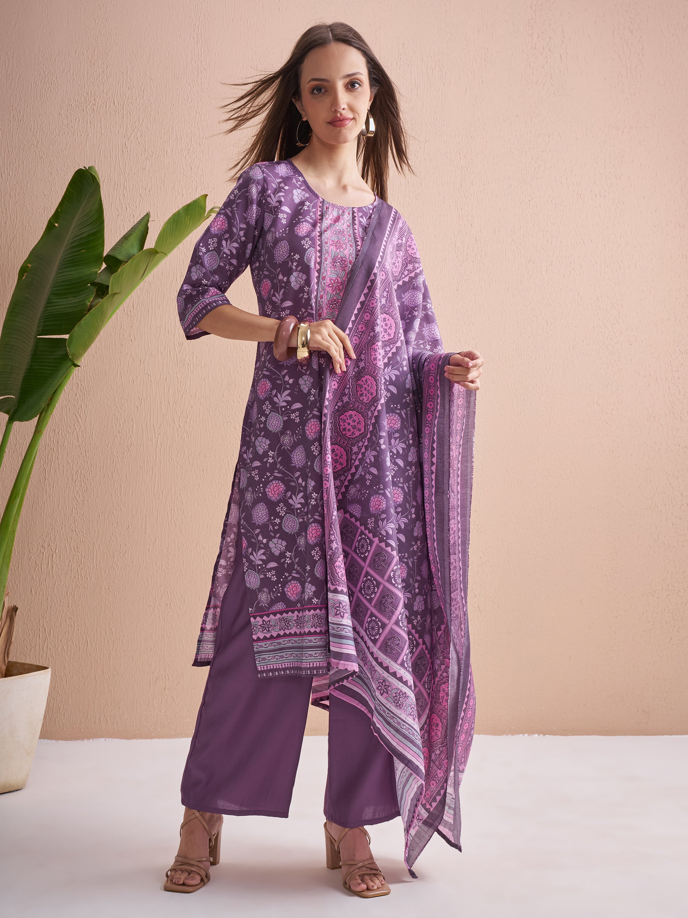 Vishudh Women Purple Printed Kurta With Trouser And Dupatta - Purple - Image 2