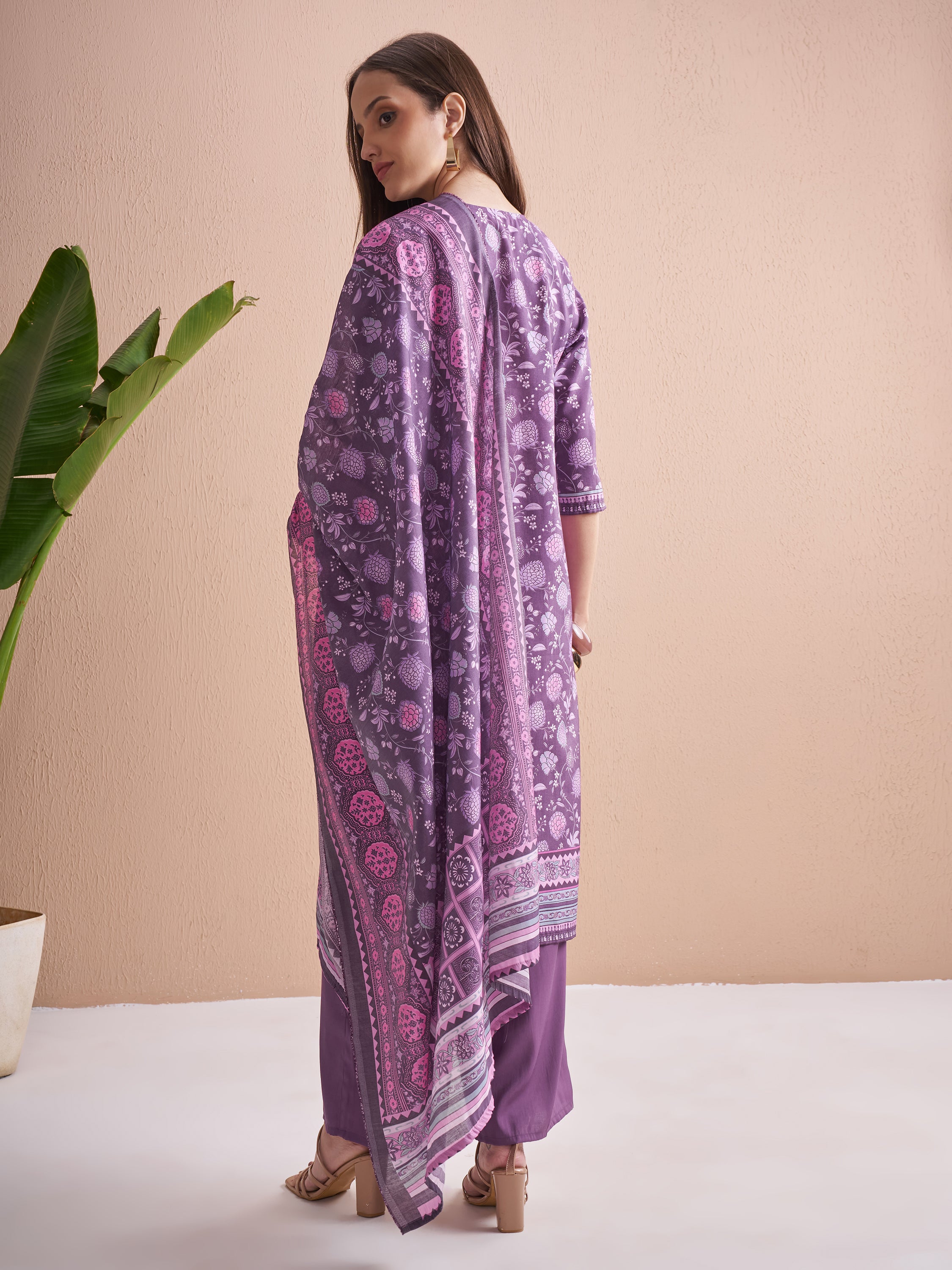 Vishudh Women Purple Printed Kurta With Trouser And Dupatta - Purple - Image 3