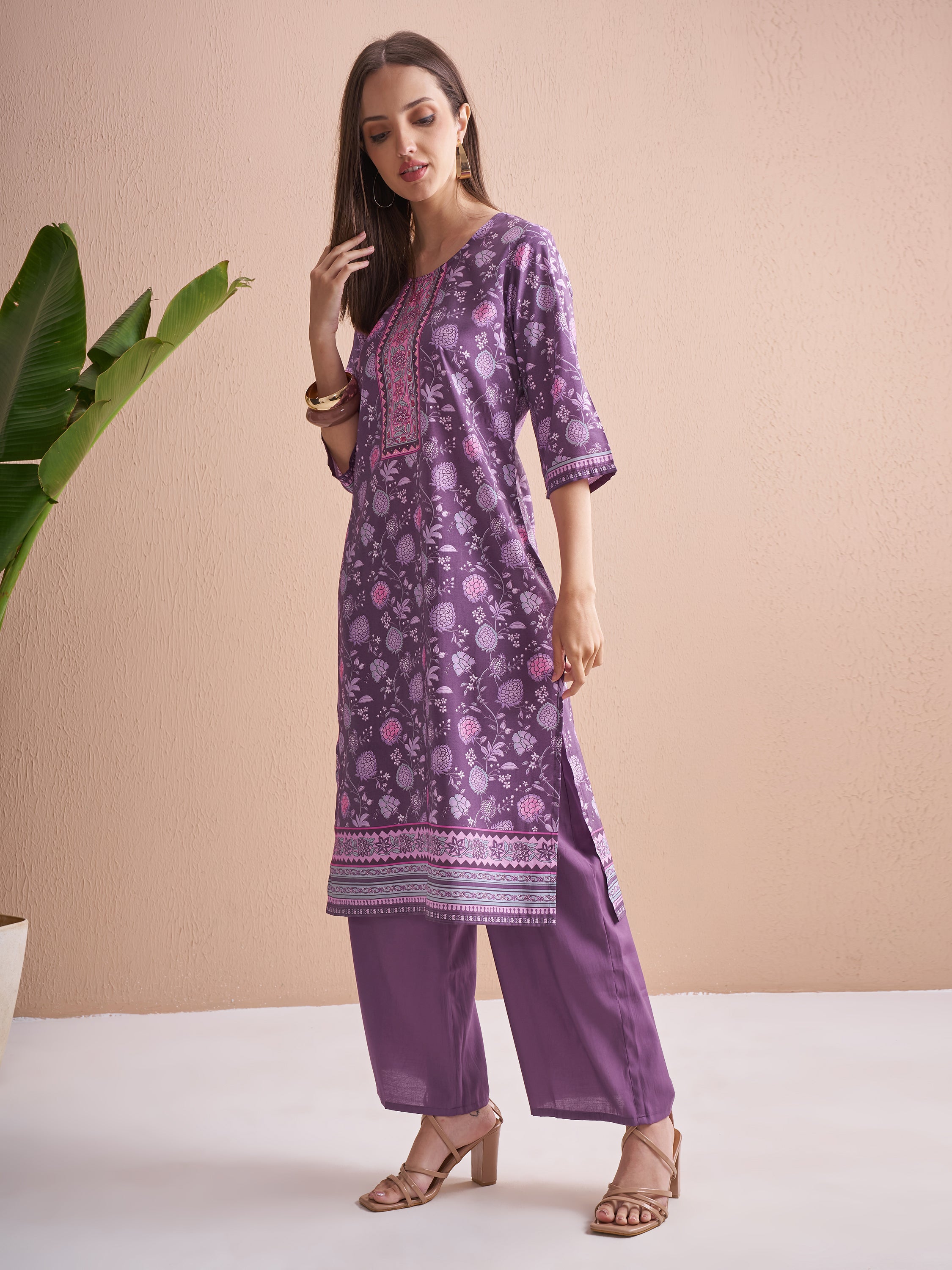 Vishudh Women Purple Printed Kurta With Trouser And Dupatta - Purple - Image 4