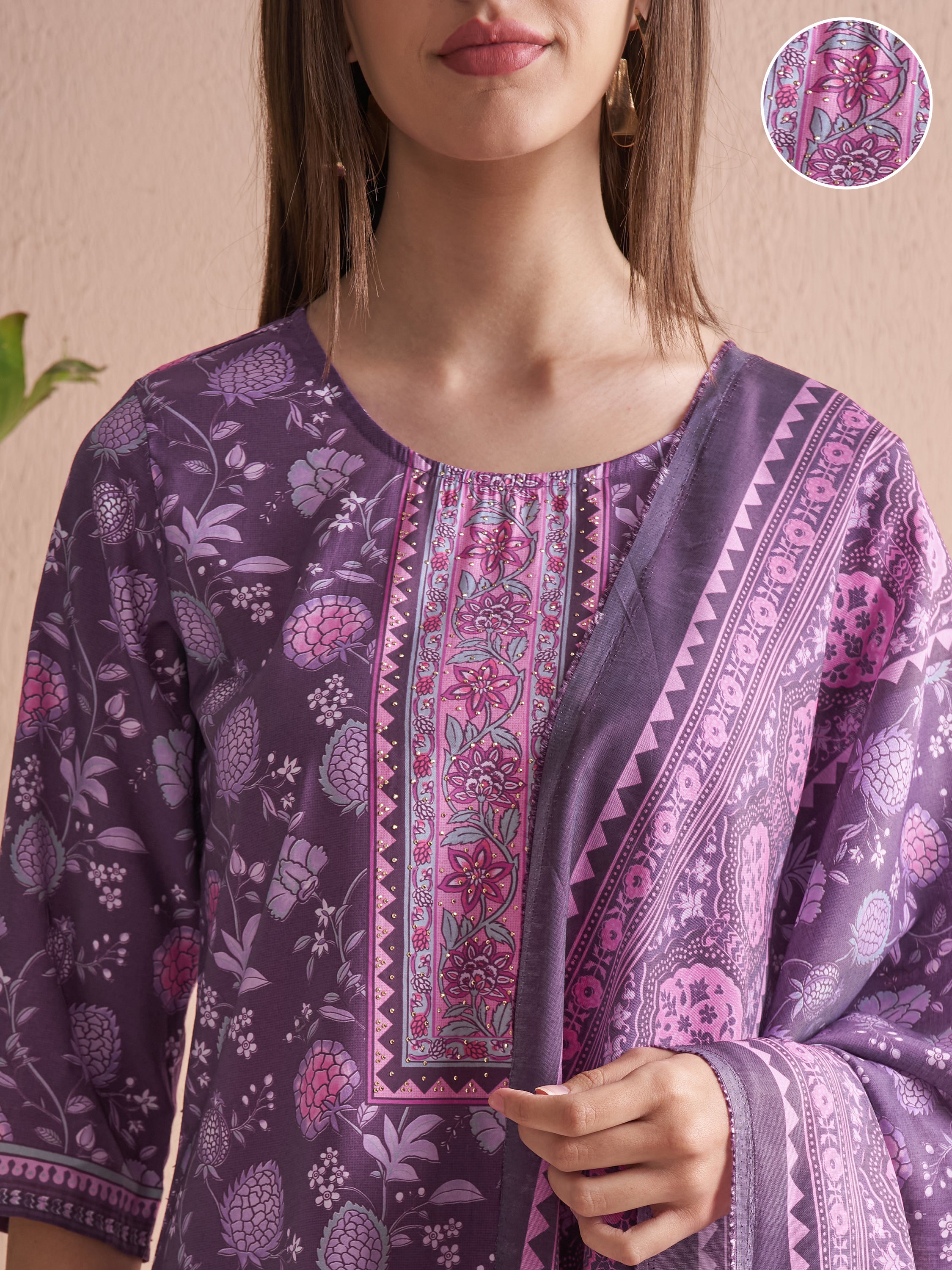 Vishudh Women Purple Printed Kurta With Trouser And Dupatta - Purple - Image 5