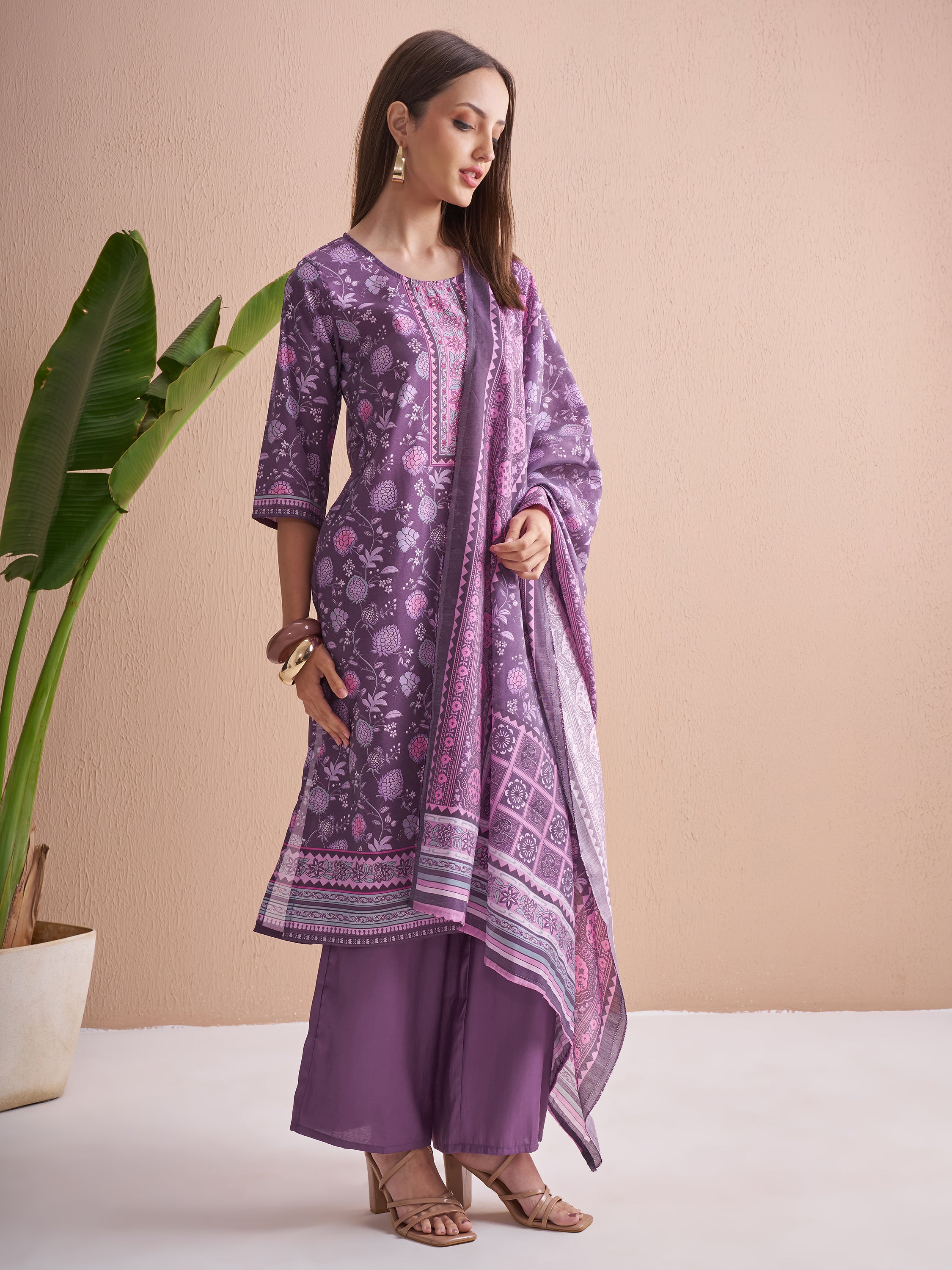 Vishudh Women Purple Printed Kurta With Trouser And Dupatta - Purple - Image 6