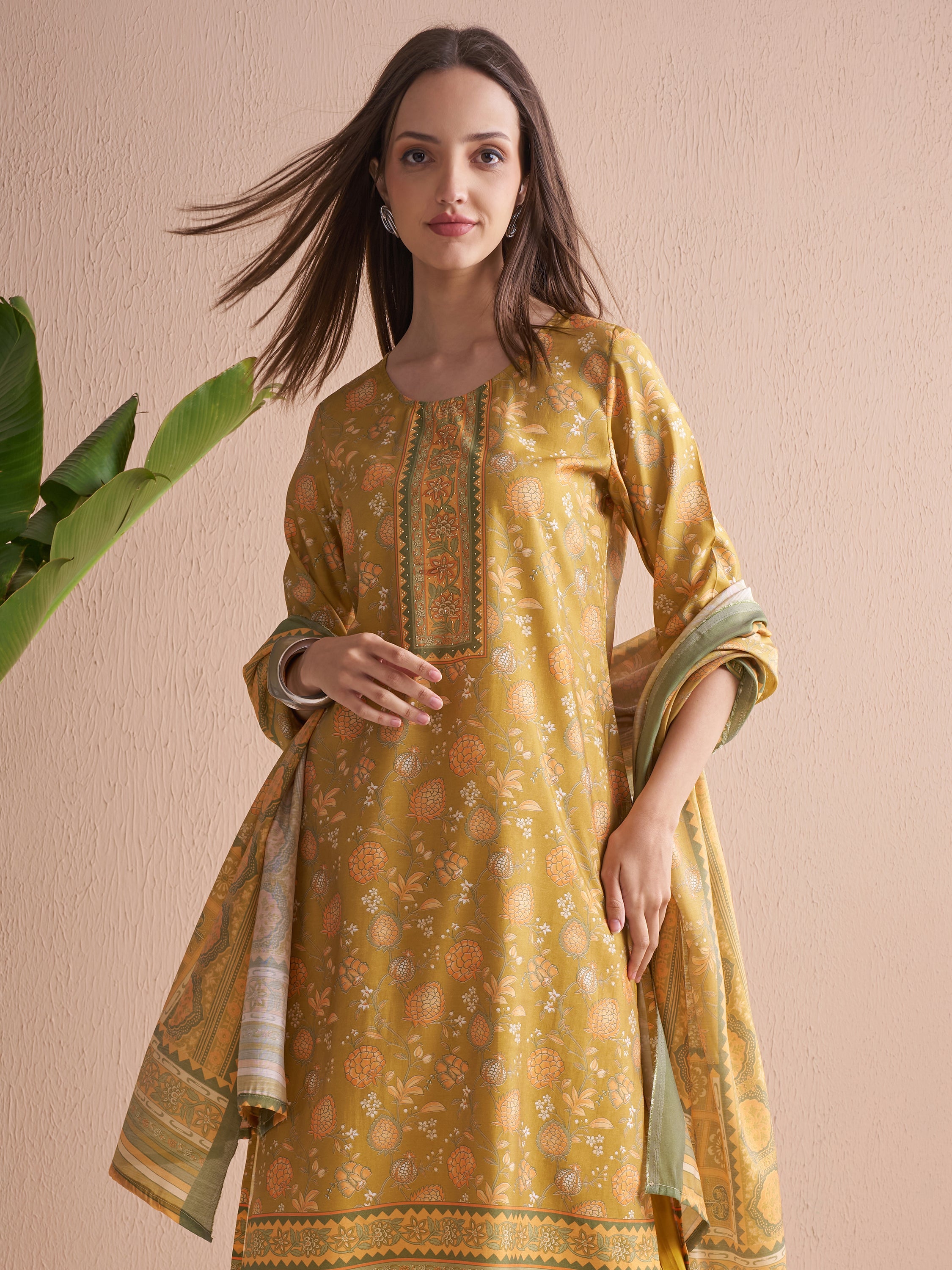 Vishudh Women Mustard Printed Kurta With Trouser And Dupatta - Mustard - Image 1