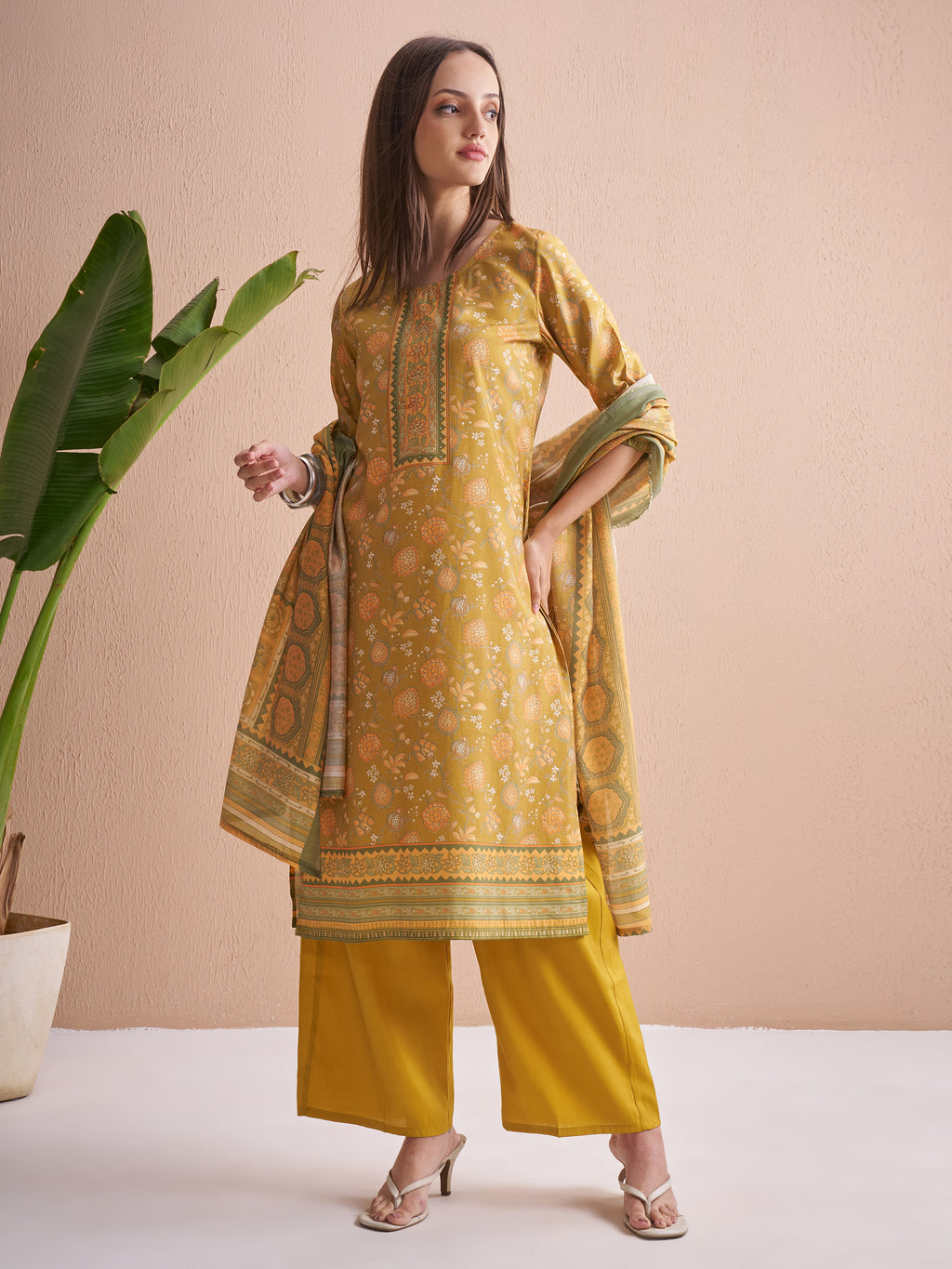 Vishudh Women Mustard Printed Kurta With Trouser And Dupatta - Mustard - Image 2