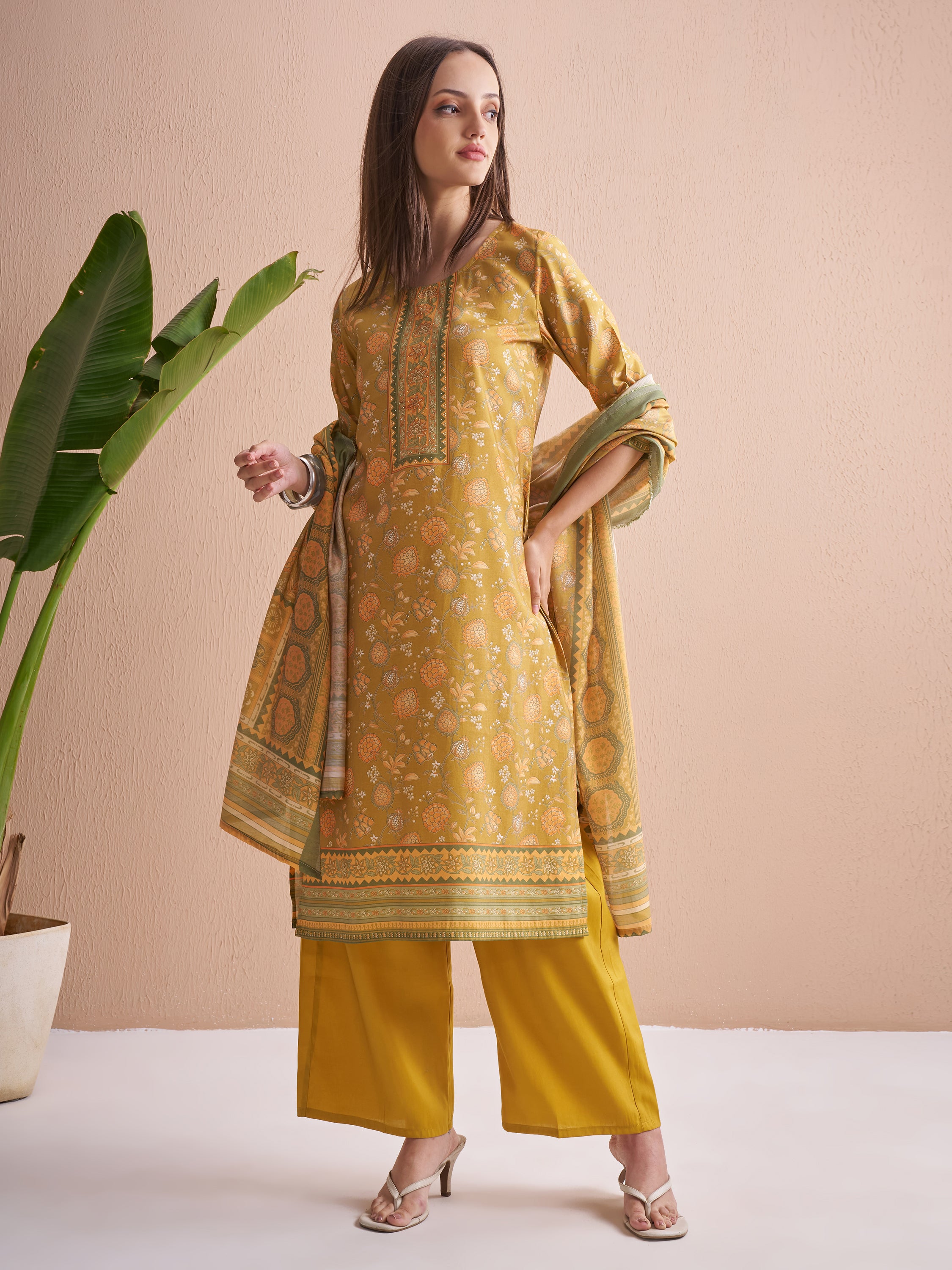 Vishudh Women Mustard Printed Kurta With Trouser And Dupatta - Mustard - Image 2