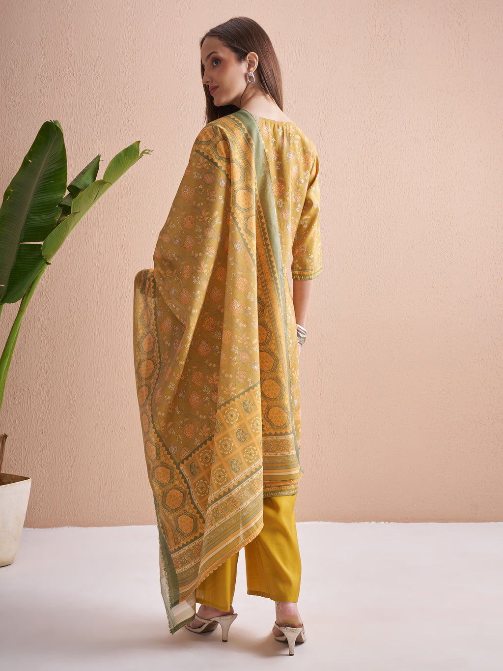 Vishudh Women Mustard Printed Kurta With Trouser And Dupatta - Mustard - Image 3