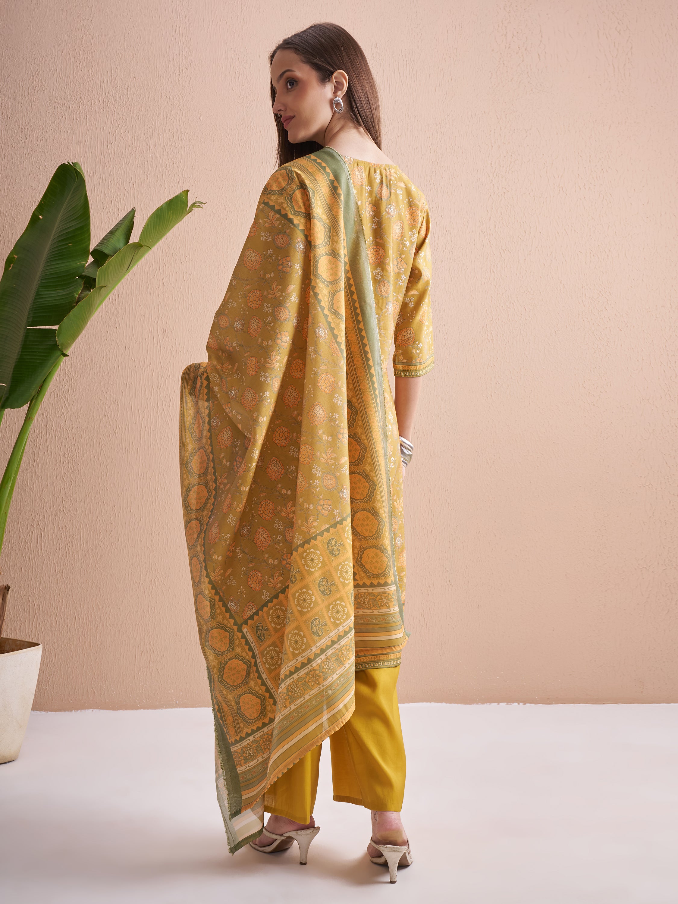 Vishudh Women Mustard Printed Kurta With Trouser And Dupatta - Mustard - Image 3