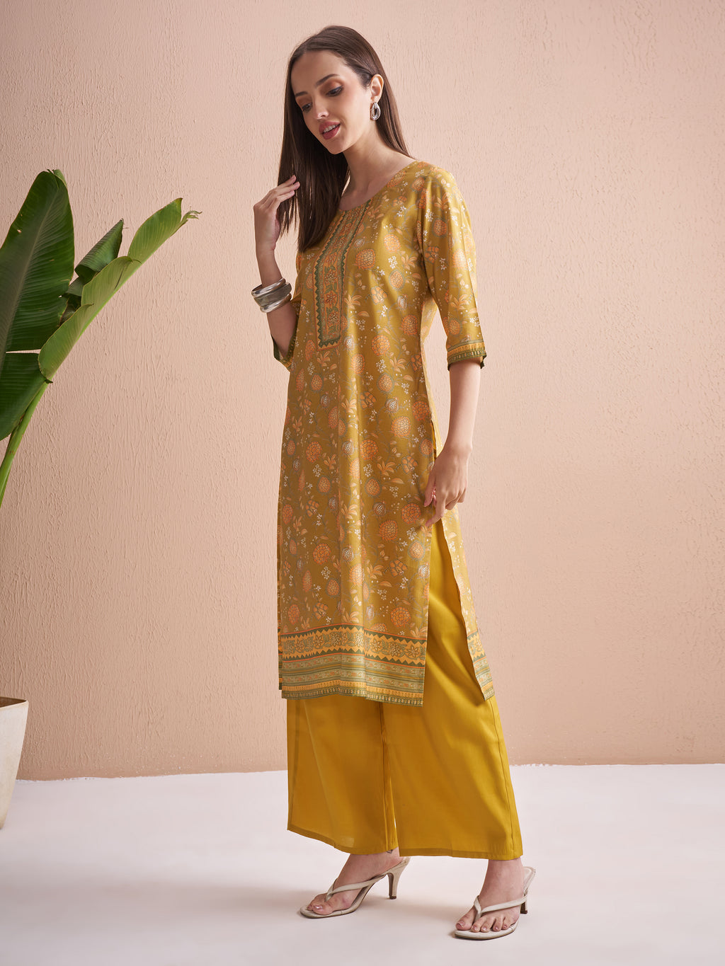 Vishudh Women Mustard Printed Kurta With Trouser And Dupatta - Mustard - Image 4