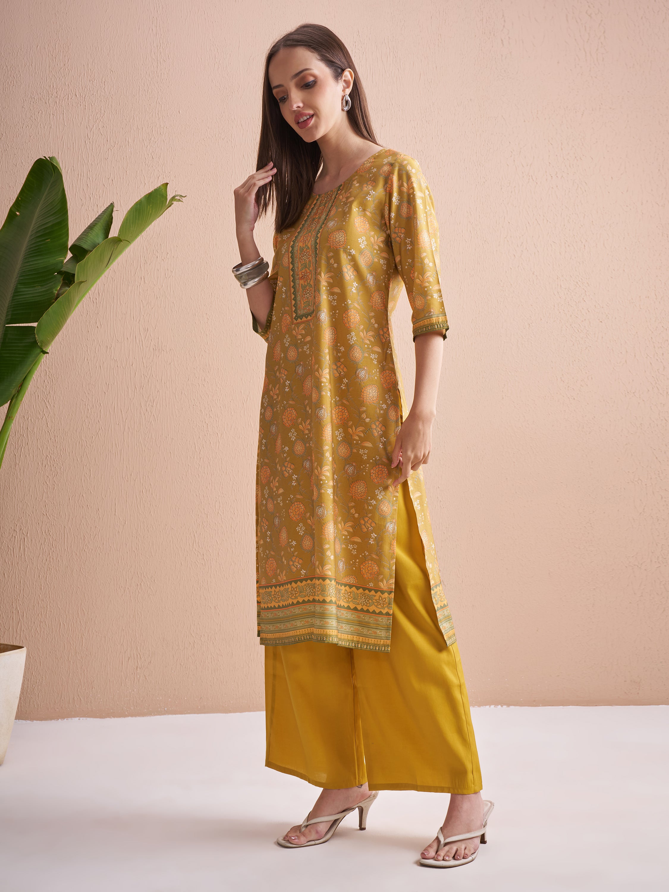 Vishudh Women Mustard Printed Kurta With Trouser And Dupatta - Mustard - Image 4