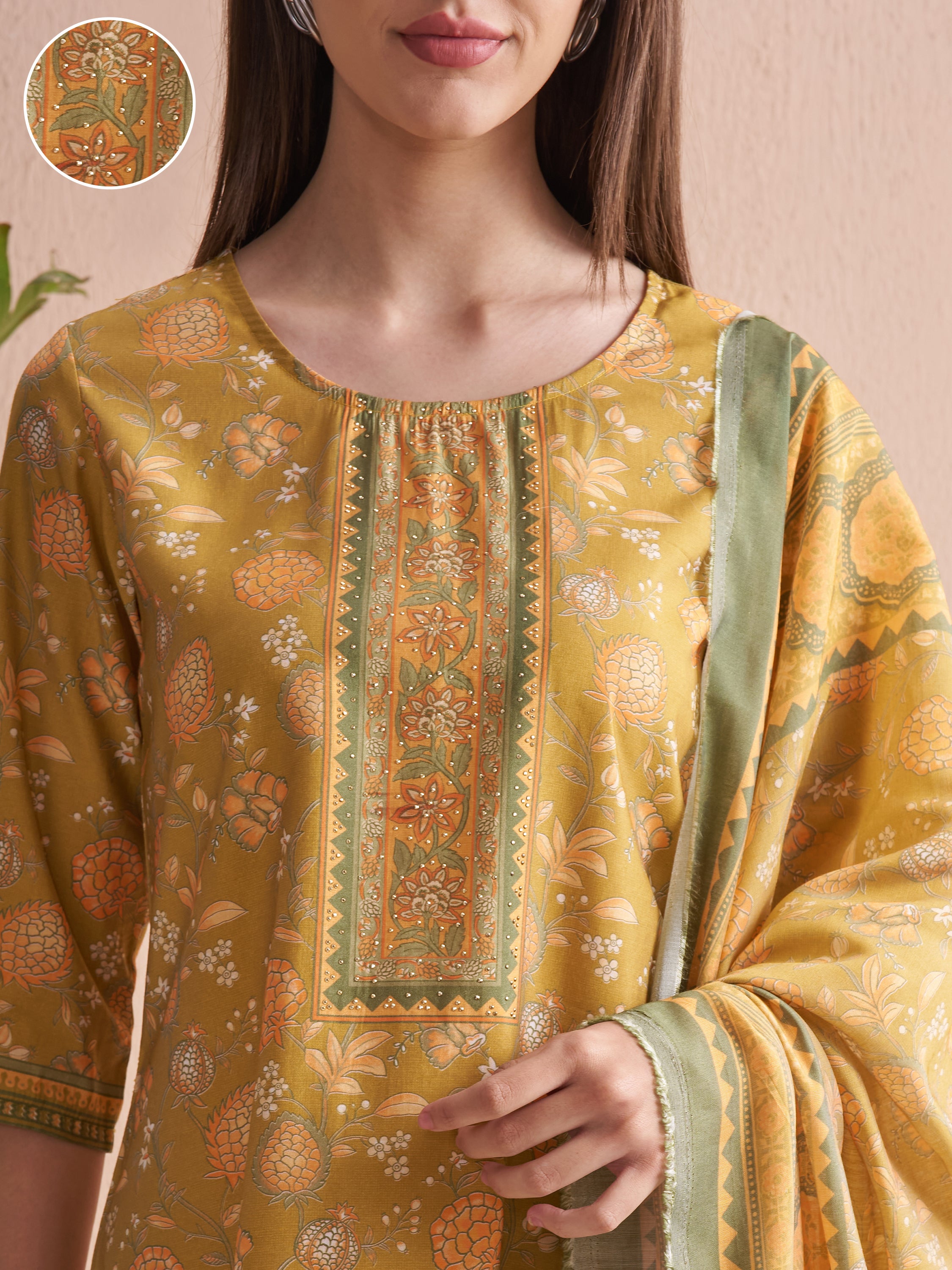 Vishudh Women Mustard Printed Kurta With Trouser And Dupatta - Mustard - Image 5