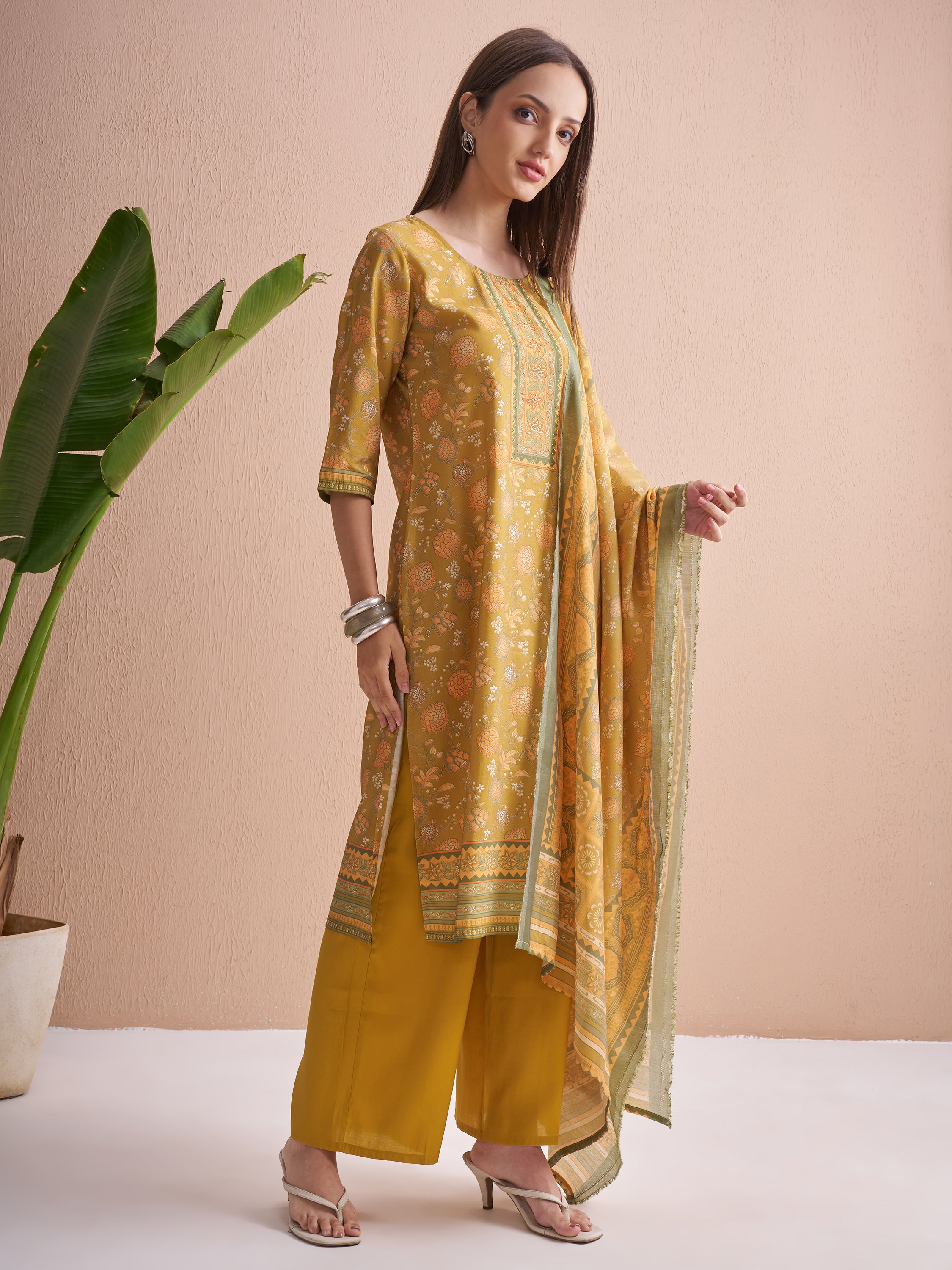 Vishudh Women Mustard Printed Kurta With Trouser And Dupatta - Mustard - Image 6