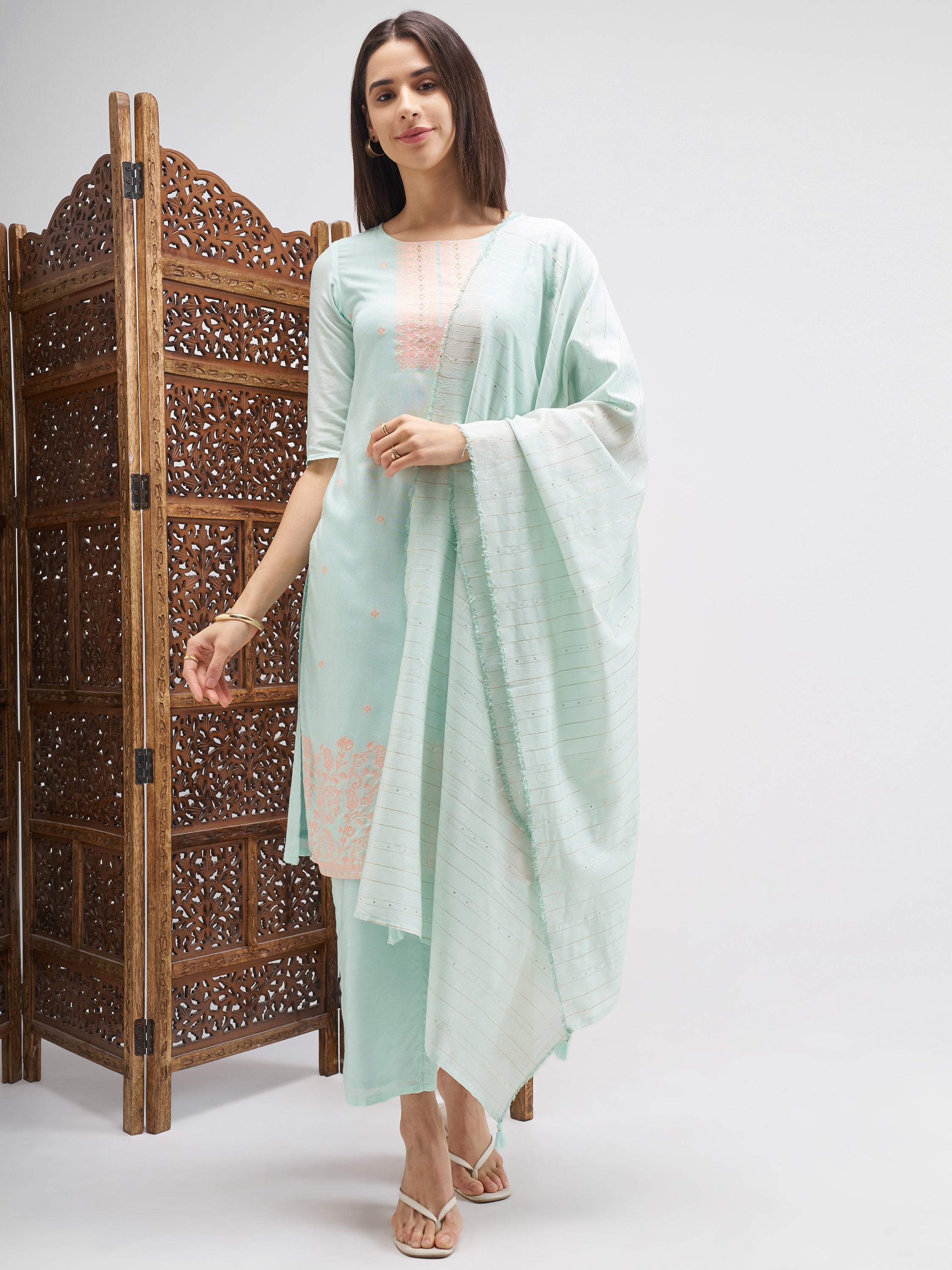 Vishudh Women Blue Embroidered Kurta And Trouser With Dupatta - Blue - Image 1