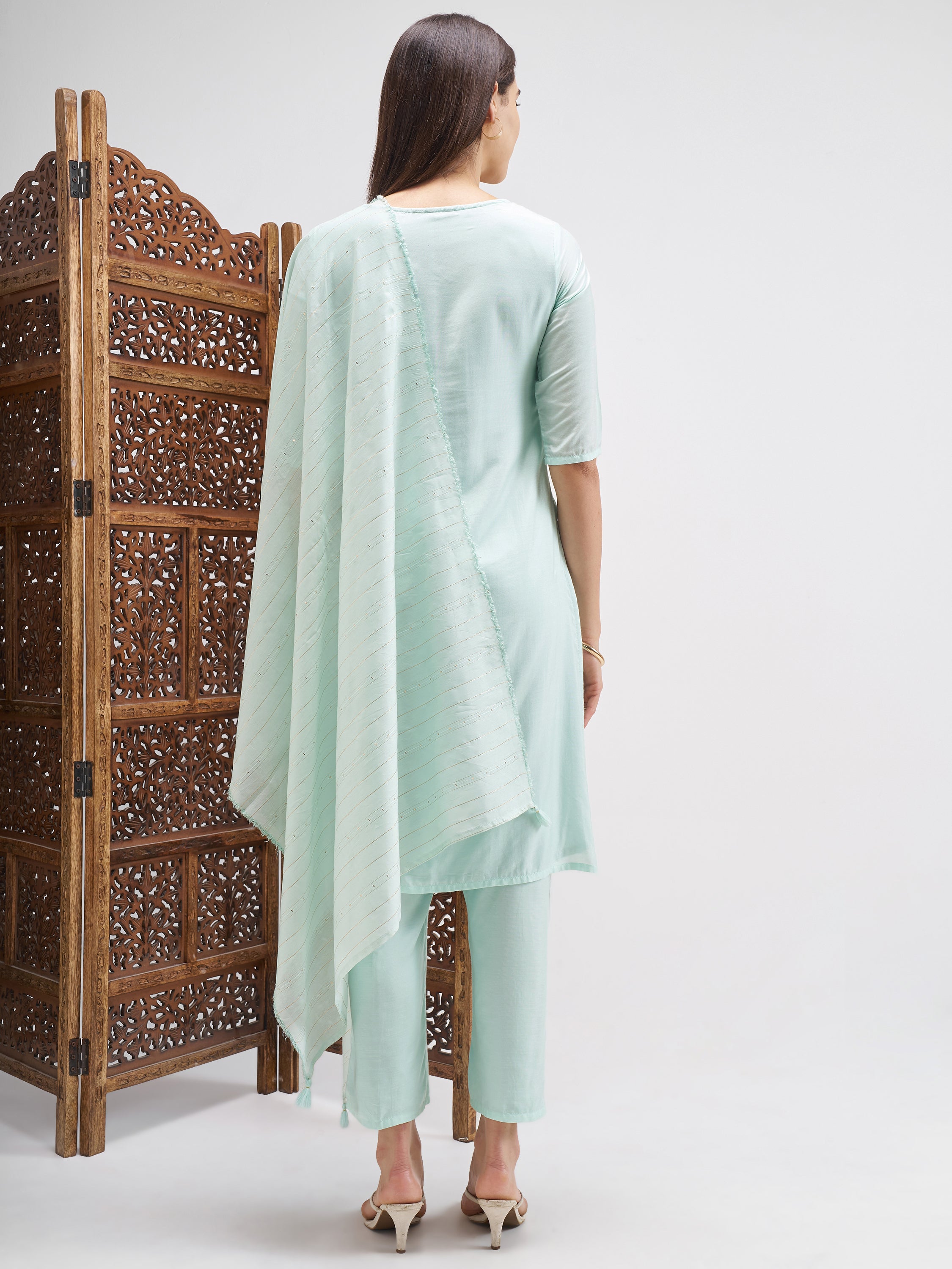 Vishudh Women Blue Embroidered Kurta And Trouser With Dupatta - Blue - Image 3